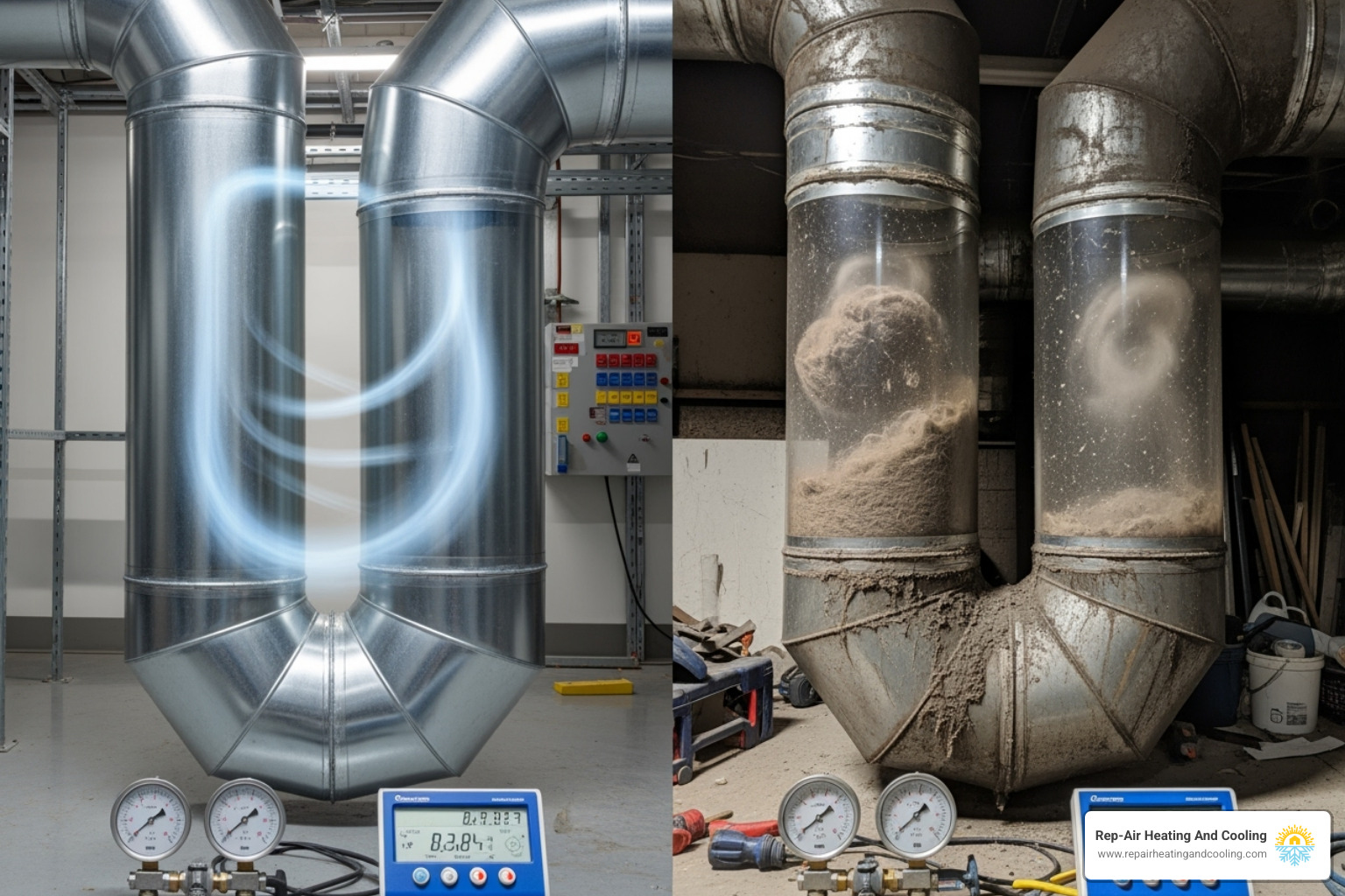 Table comparing HVAC performance with clean vs. dirty ducts (Efficiency, Airflow, Lifespan, Energy Use) - Duct cleaning Mission BC Table comparing HVAC performance with clean vs. dirty ducts (Efficiency, Airflow, Lifespan, Energy Use) - Duct cleaning Mission BC
