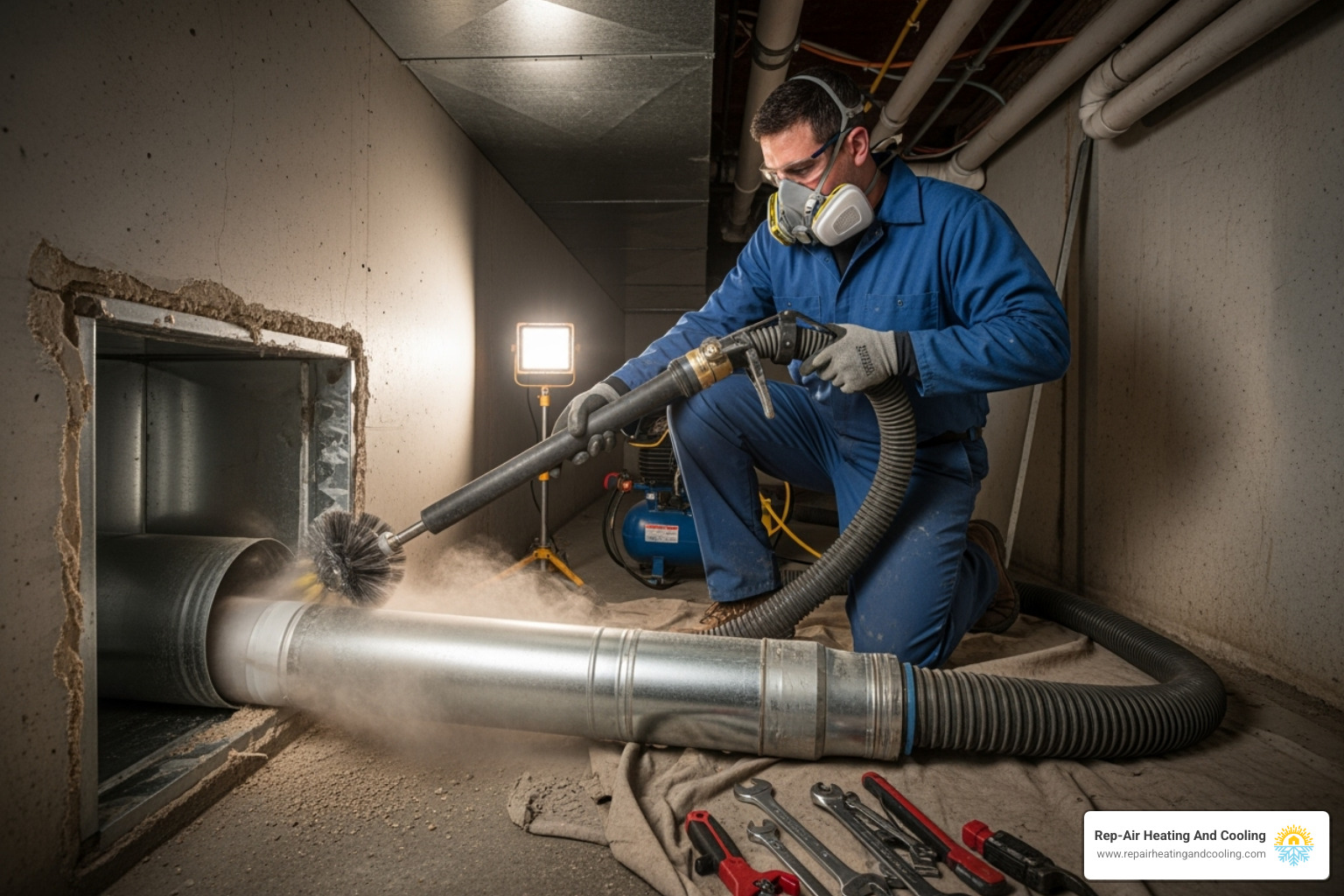 Image of a technician using a high-powered vacuum and brush system on a residential duct - Duct cleaning Mission BC Image of a technician using a high-powered vacuum and brush system on a residential duct - Duct cleaning Mission BC