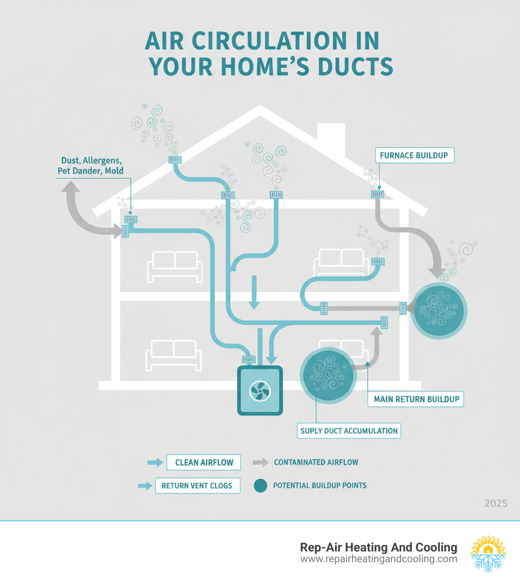 Infographic showing how dust, allergens, pet dander, and mold circulate through a home's ductwork system from the furnace through supply ducts to rooms and back through return ducts, with buildup points highlighted - duct cleaning aldergrove, bc infographic  Infographic showing how dust, allergens, pet dander, and mold circulate through a home's ductwork system from the furnace through supply ducts to rooms and back through return ducts, with buildup points highlighted - duct cleaning aldergrove, bc infographic