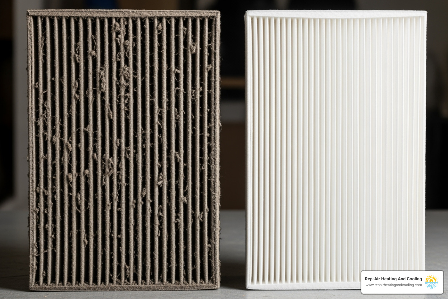dirty, clogged air filter next to a brand new, clean one - duct cleaning anmore, bc dirty, clogged air filter next to a brand new, clean one - duct cleaning anmore, bc