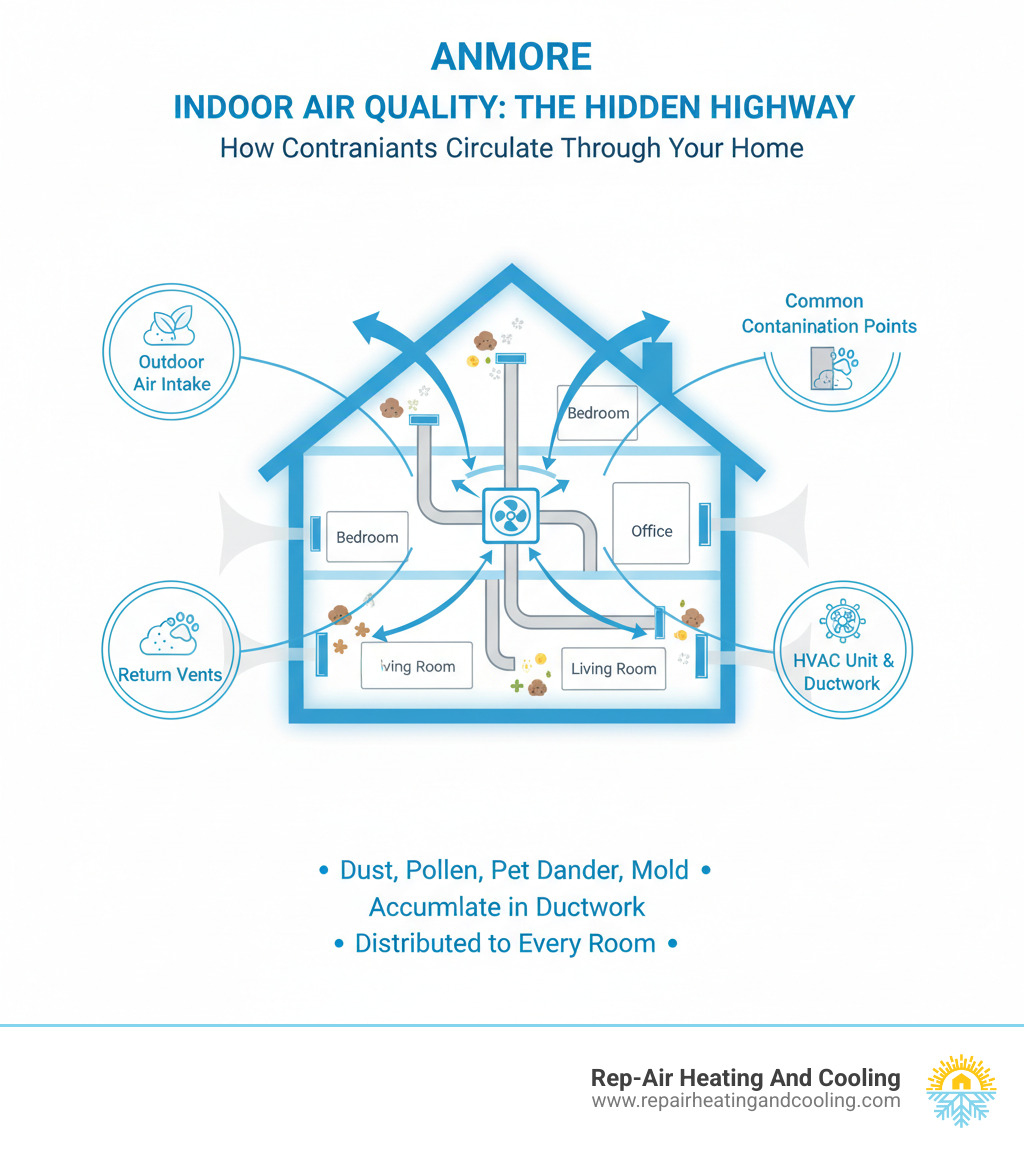 Infographic showing how dust, pollen, pet dander, and mold spores accumulate in ductwork and circulate through a home's HVAC system, being distributed to every room through supply vents, with arrows indicating airflow patterns and highlighting common contamination points - duct cleaning anmore, bc infographic  Infographic showing how dust, pollen, pet dander, and mold spores accumulate in ductwork and circulate through a home's HVAC system, being distributed to every room through supply vents, with arrows indicating airflow patterns and highlighting common contamination points - duct cleaning anmore, bc infographic