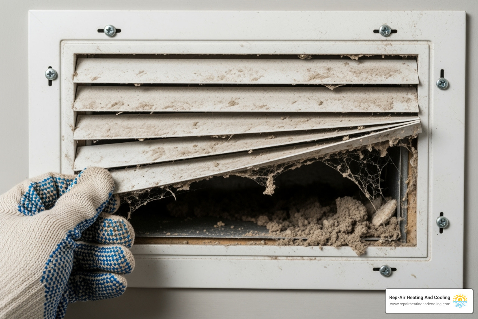 A dusty air vent cover being removed to reveal accumulated debris inside the duct - duct cleaning Abbotsford A dusty air vent cover being removed to reveal accumulated debris inside the duct - duct cleaning Abbotsford
