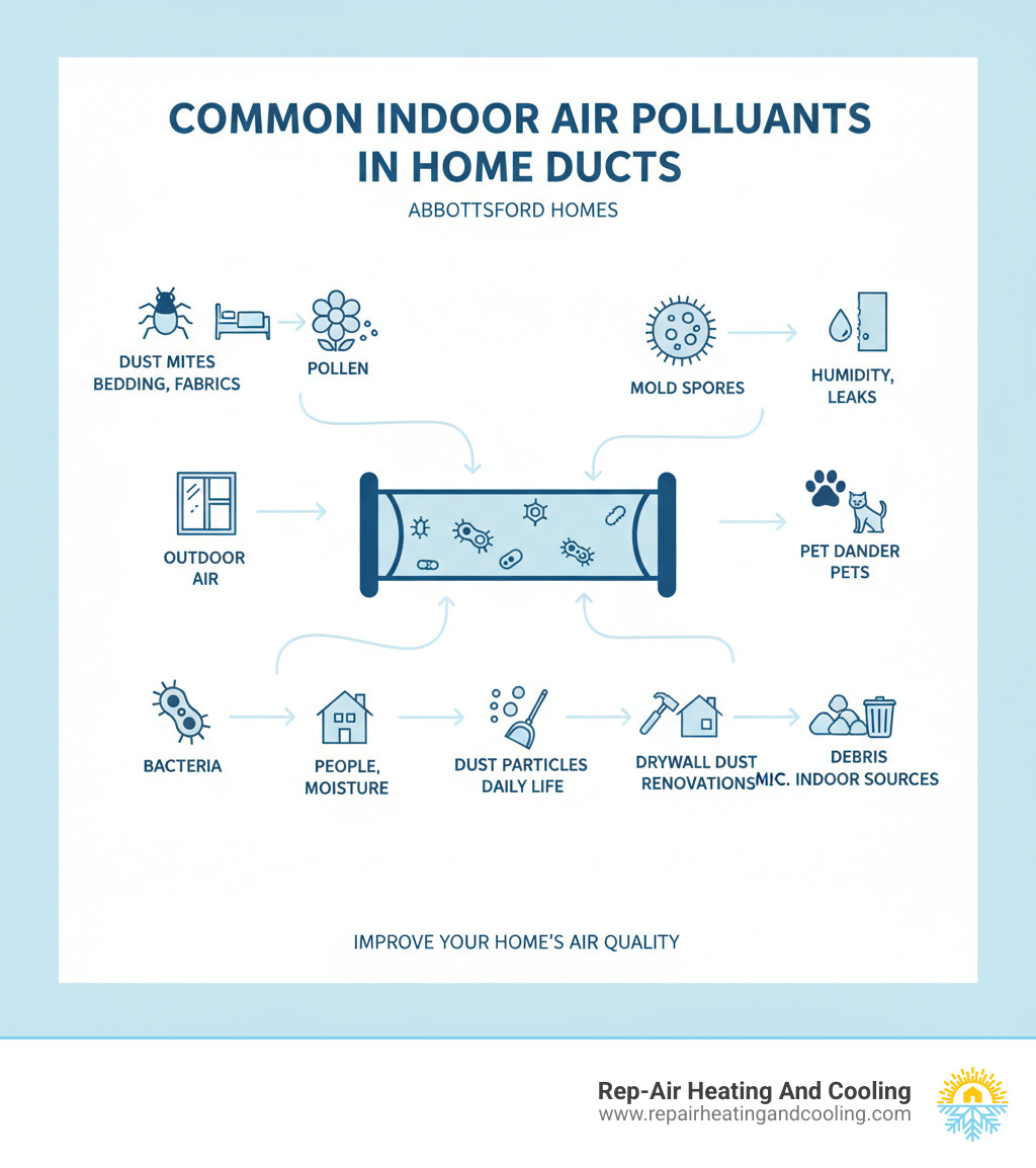 Infographic showing common indoor air pollutants found in home ductwork including dust mites, pollen, mold spores, pet dander, bacteria, dust particles, drywall dust, and debris, with icons representing each contaminant and their sources within a typical home HVAC system - duct cleaning Abbotsford infographic  Infographic showing common indoor air pollutants found in home ductwork including dust mites, pollen, mold spores, pet dander, bacteria, dust particles, drywall dust, and debris, with icons representing each contaminant and their sources within a typical home HVAC system - duct cleaning Abbotsford infographic