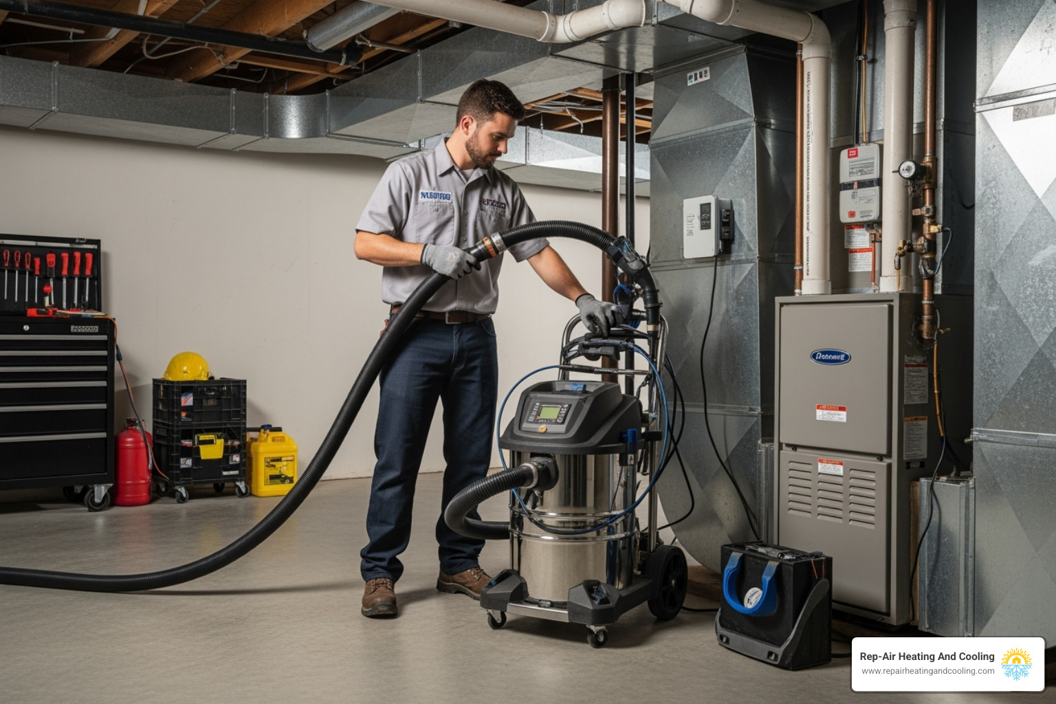 A professional technician operating specialized duct cleaning equipment near a residential furnace - duct cleaning Abbotsford A professional technician operating specialized duct cleaning equipment near a residential furnace - duct cleaning Abbotsford