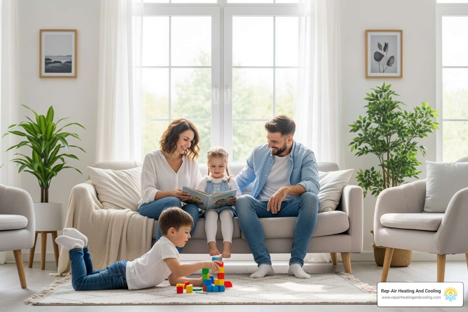 A happy family enjoying clean, fresh air in their comfortable living room after professional duct cleaning - duct cleaning Abbotsford A happy family enjoying clean, fresh air in their comfortable living room after professional duct cleaning - duct cleaning Abbotsford
