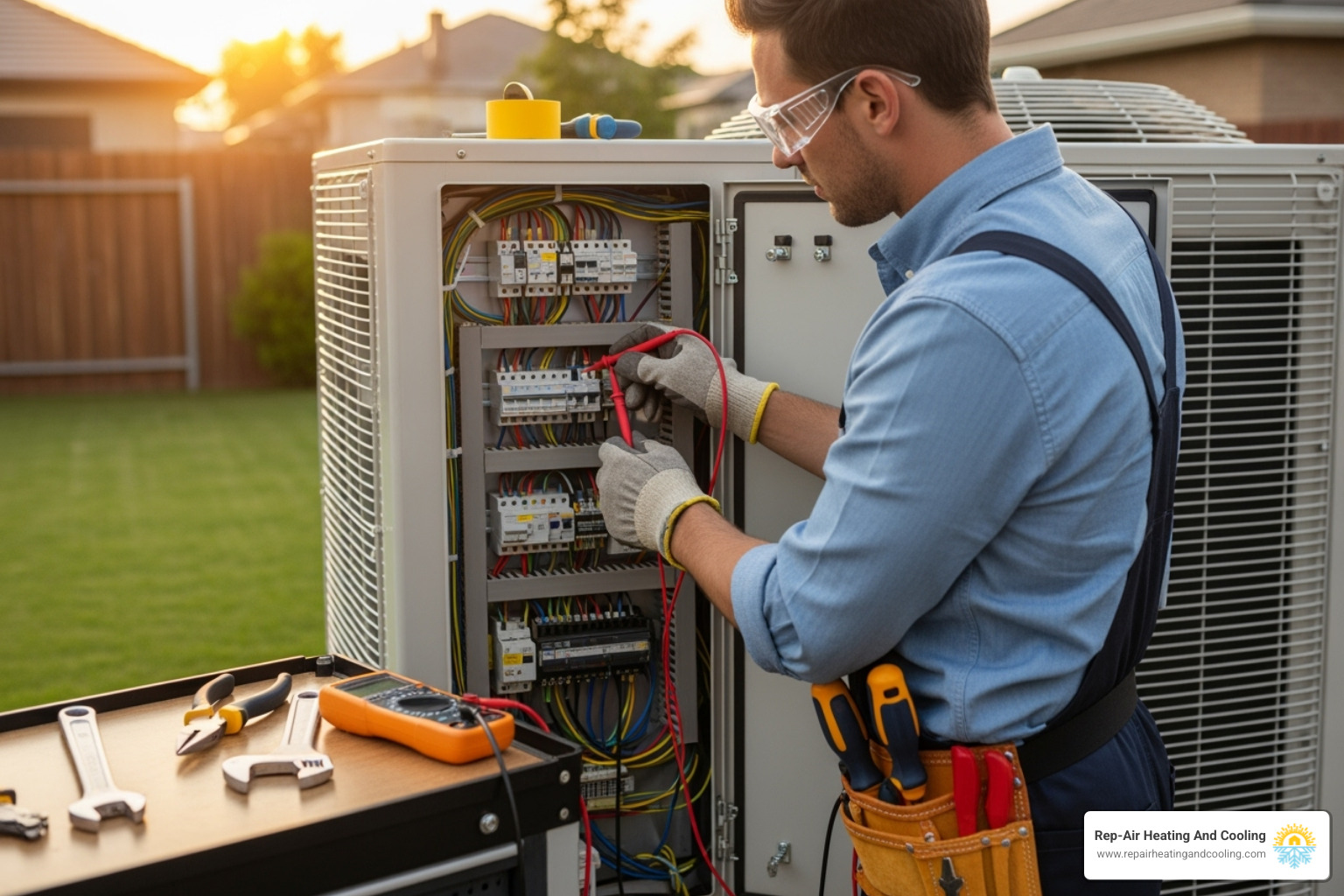 A technician servicing a heat pump's electrical panel, with tools and wires visible. - heat pump repair langley bc A technician servicing a heat pump's electrical panel, with tools and wires visible. - heat pump repair langley bc