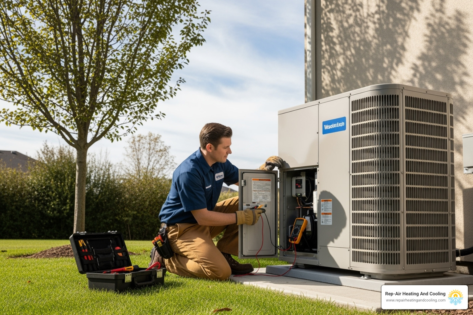 A clean outdoor heat pump unit clear of debris, with a technician performing a routine check. - heat pump repair langley bc A clean outdoor heat pump unit clear of debris, with a technician performing a routine check. - heat pump repair langley bc