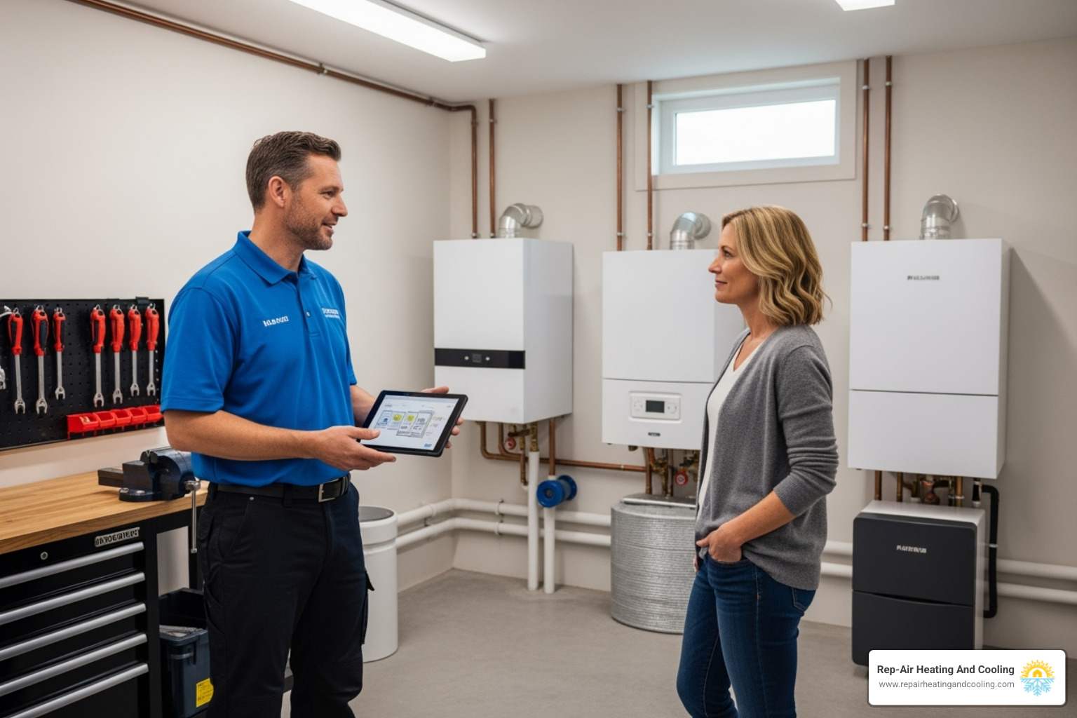 technician explaining different boiler options to a homeowner - boiler installation maple ridge technician explaining different boiler options to a homeowner - boiler installation maple ridge
