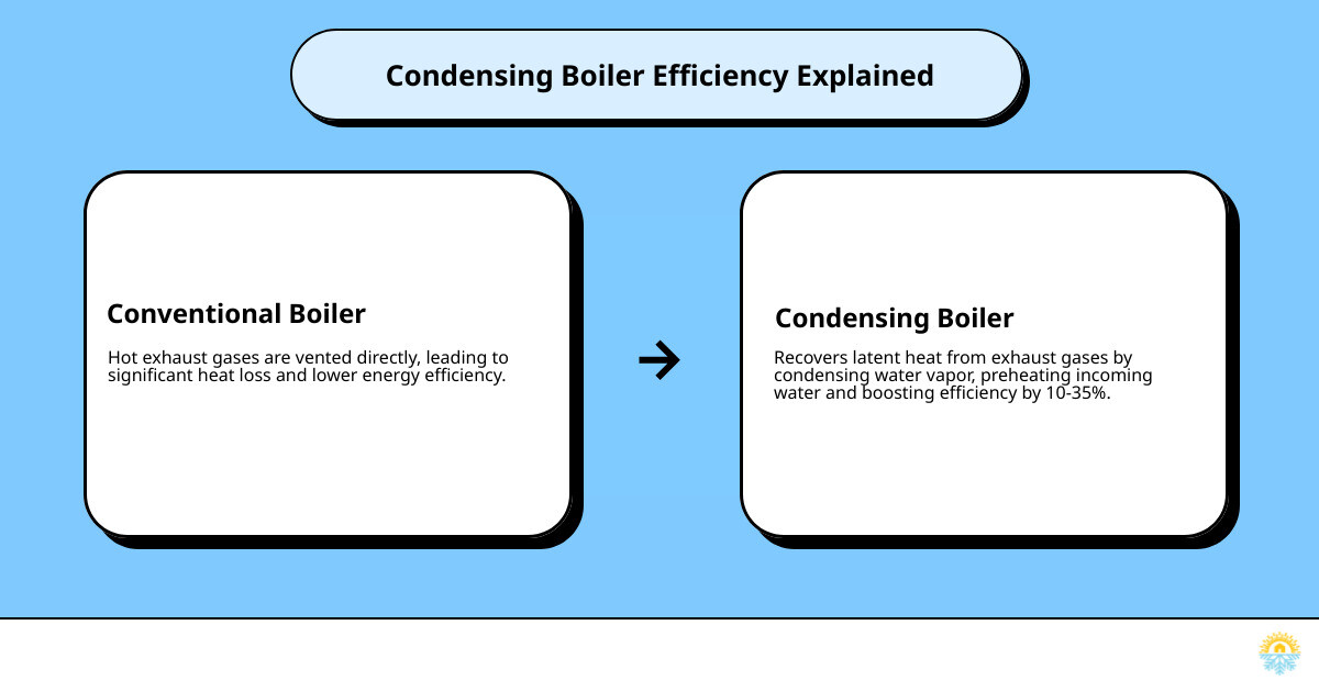 infographic showing how condensing boilers capture exhaust heat to warm incoming water, improving efficiency by 10-35% compared to conventional models - boiler installation glen valley bc infographic cause_effect_text infographic showing how condensing boilers capture exhaust heat to warm incoming water, improving efficiency by 10-35% compared to conventional models - boiler installation glen valley bc infographic cause_effect_text