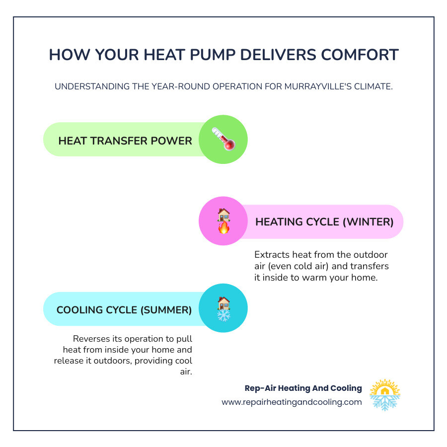 infographic showing heat pump operation in both heating and cooling modes, with arrows indicating heat transfer direction, outdoor and indoor units labeled, and callouts for key components like compressor, reversing valve, and refrigerant lines - heat pump repair murrayville bc infographic infographic-line-3-steps-colors
