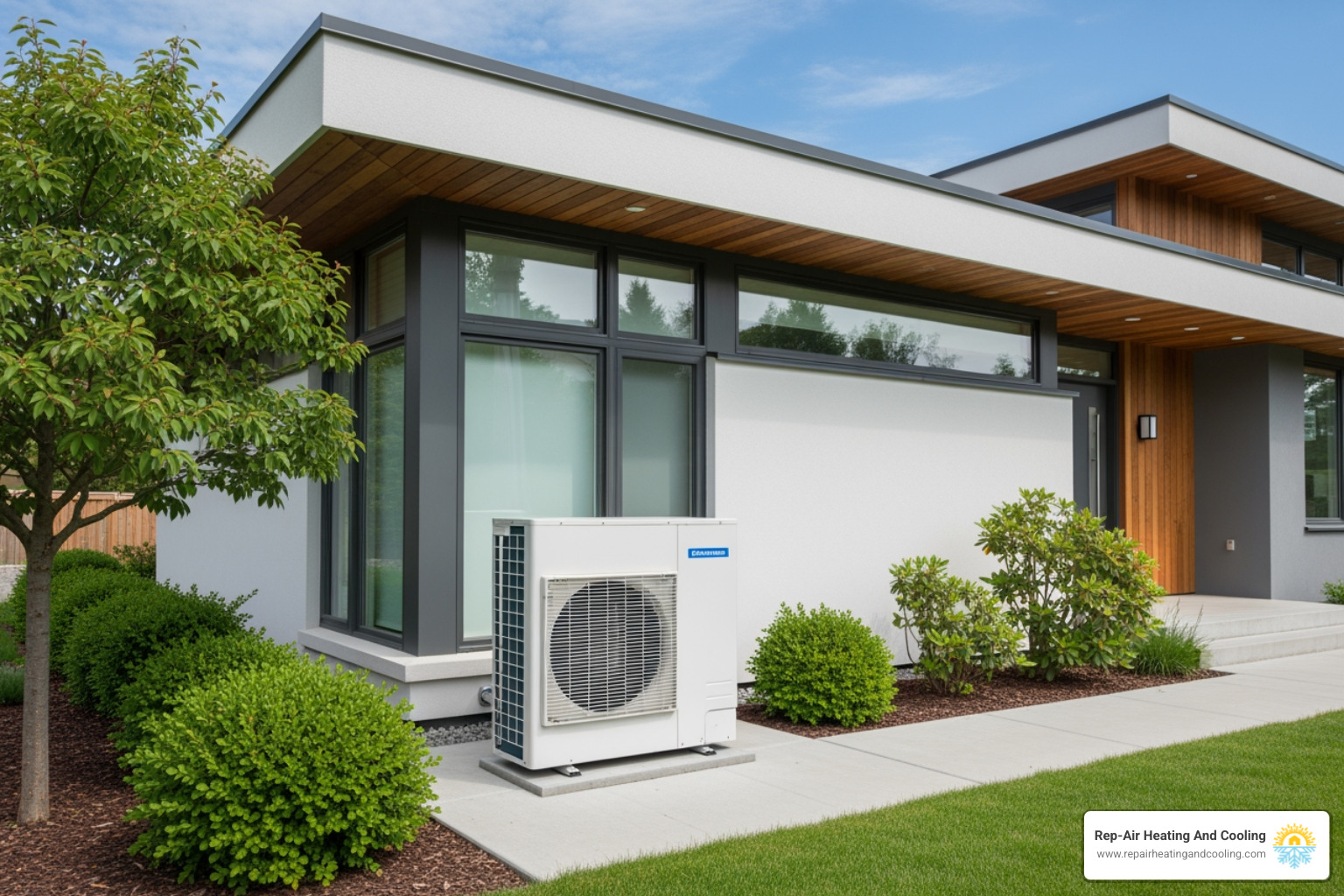 of a brand new, high-efficiency heat pump installed outside a home - heat pump repair murrayville bc