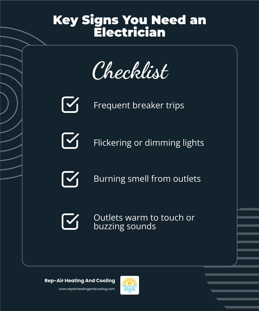 Infographic showing warning signs you need an electrician: frequent breaker trips, flickering or dimming lights, burning smell from outlets, outlets that are warm to touch, buzzing sounds from electrical panel, outdated two-prong outlets, and lights that flicker when appliances run - electrical services maple ridge bc infographic checklist-dark-blue