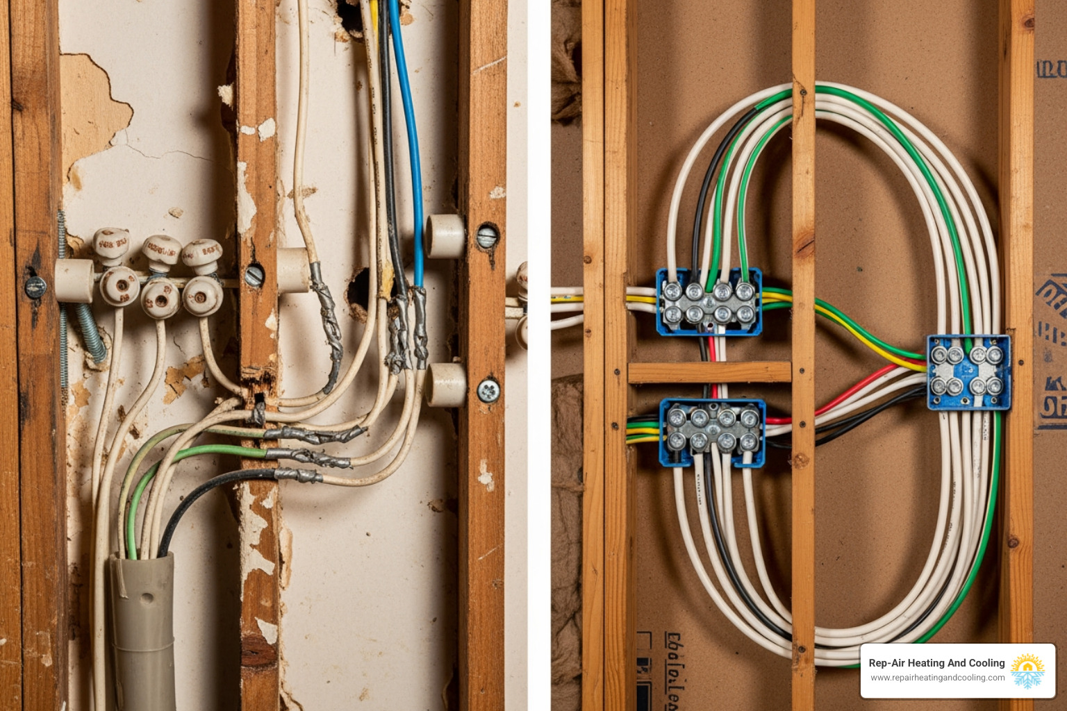 Old knob and tube wiring contrasted with modern safe wiring - electrical services maple ridge bc