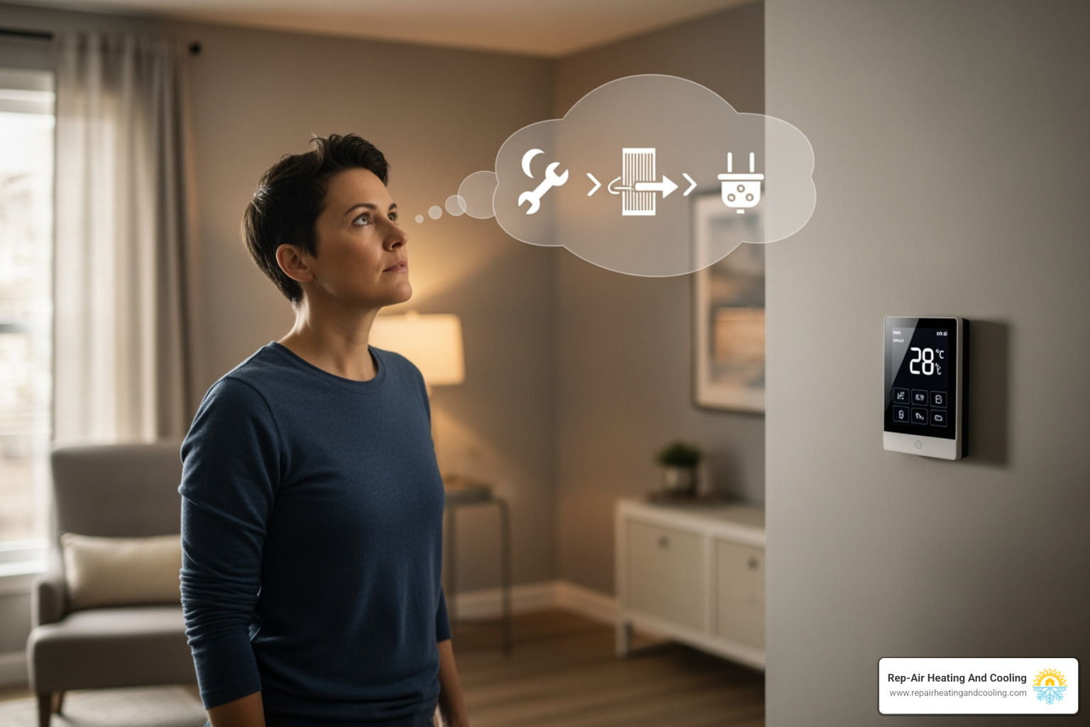 A homeowner checking their thermostat, with a thought bubble showing various troubleshooting icons like a wrench, a filter, and a plug - professional heat pump repair willoughby