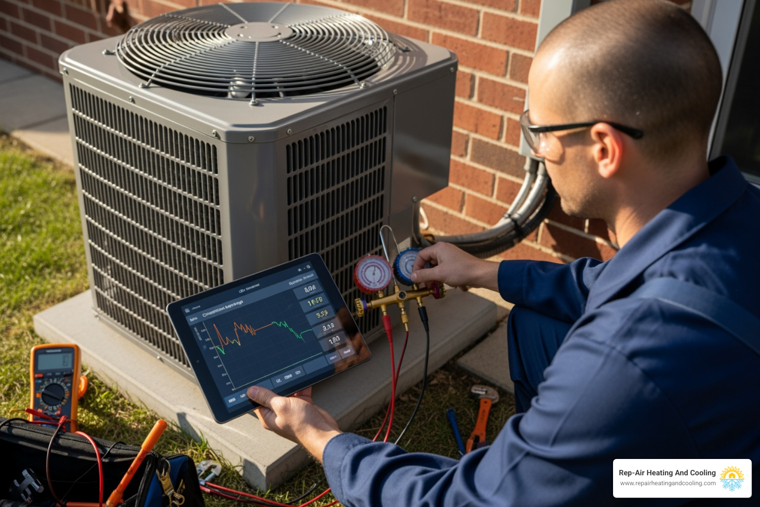 A professional technician diagnosing a heat pump, with tools and a tablet showing diagnostic data - professional heat pump repair willoughby