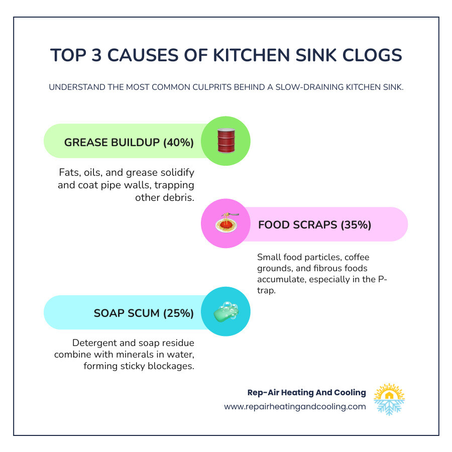 Infographic showing the top 3 causes of kitchen sink clogs: grease buildup coating pipe walls (40%), food scraps and particles blocking the P-trap (35%), and soap scum accumulation creating sticky residue (25%), with visual cross-sections of pipes demonstrating each blockage type - My kitchen sink has a slow drain. Who can I call for a fix in Walnut Grove? infographic infographic-line-3-steps-colors Infographic showing the top 3 causes of kitchen sink clogs: grease buildup coating pipe walls (40%), food scraps and particles blocking the P-trap (35%), and soap scum accumulation creating sticky residue (25%), with visual cross-sections of pipes demonstrating each blockage type - My kitchen sink has a slow drain. Who can I call for a fix in Walnut Grove? infographic infographic-line-3-steps-colors
