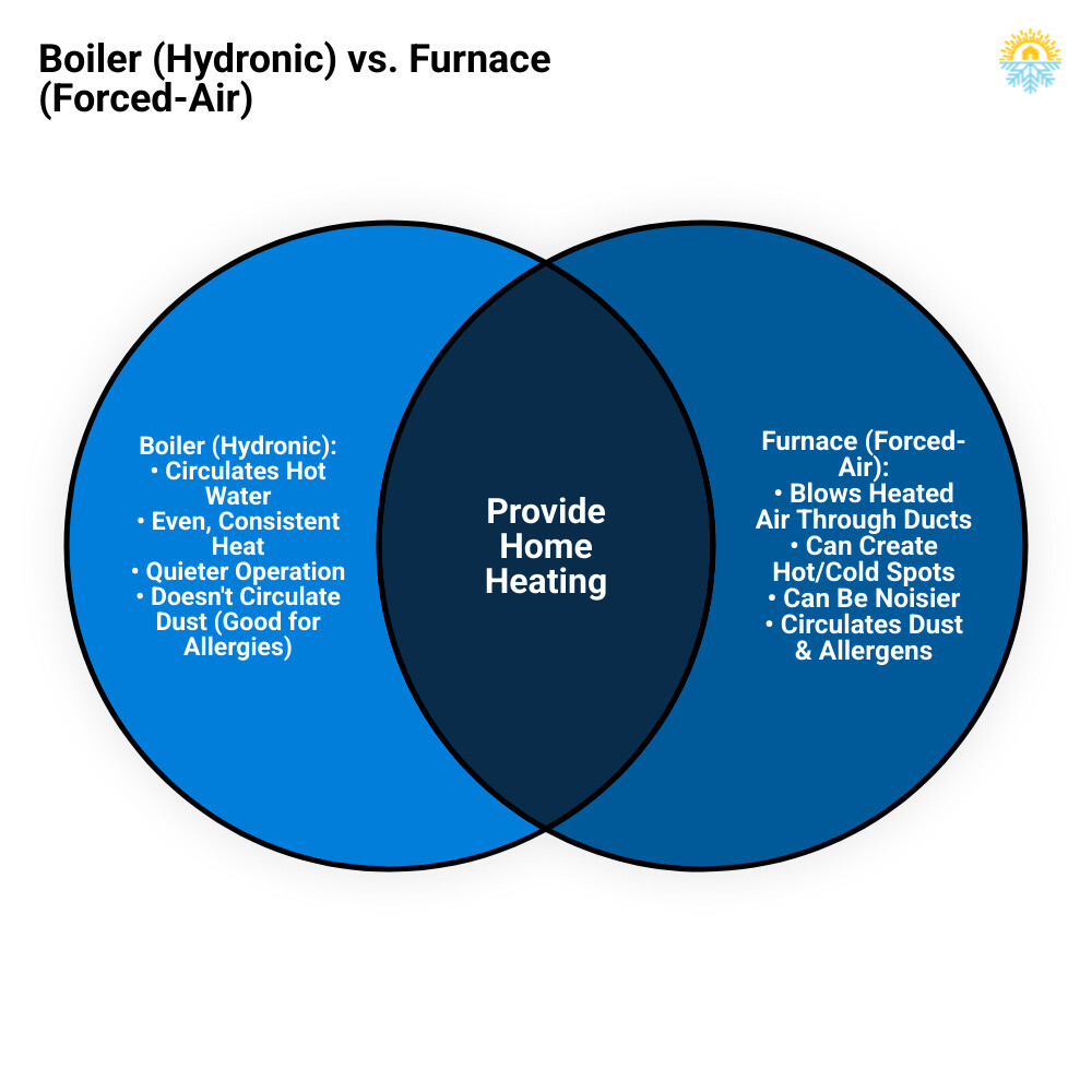 infographic showing how boiler hydronic heating systems circulate hot water through radiators and baseboards versus how forced air furnaces blow heated air through ductwork, highlighting key differences in comfort, noise levels, and air quality - boiler installation walnut grove bc infographic venn_diagram