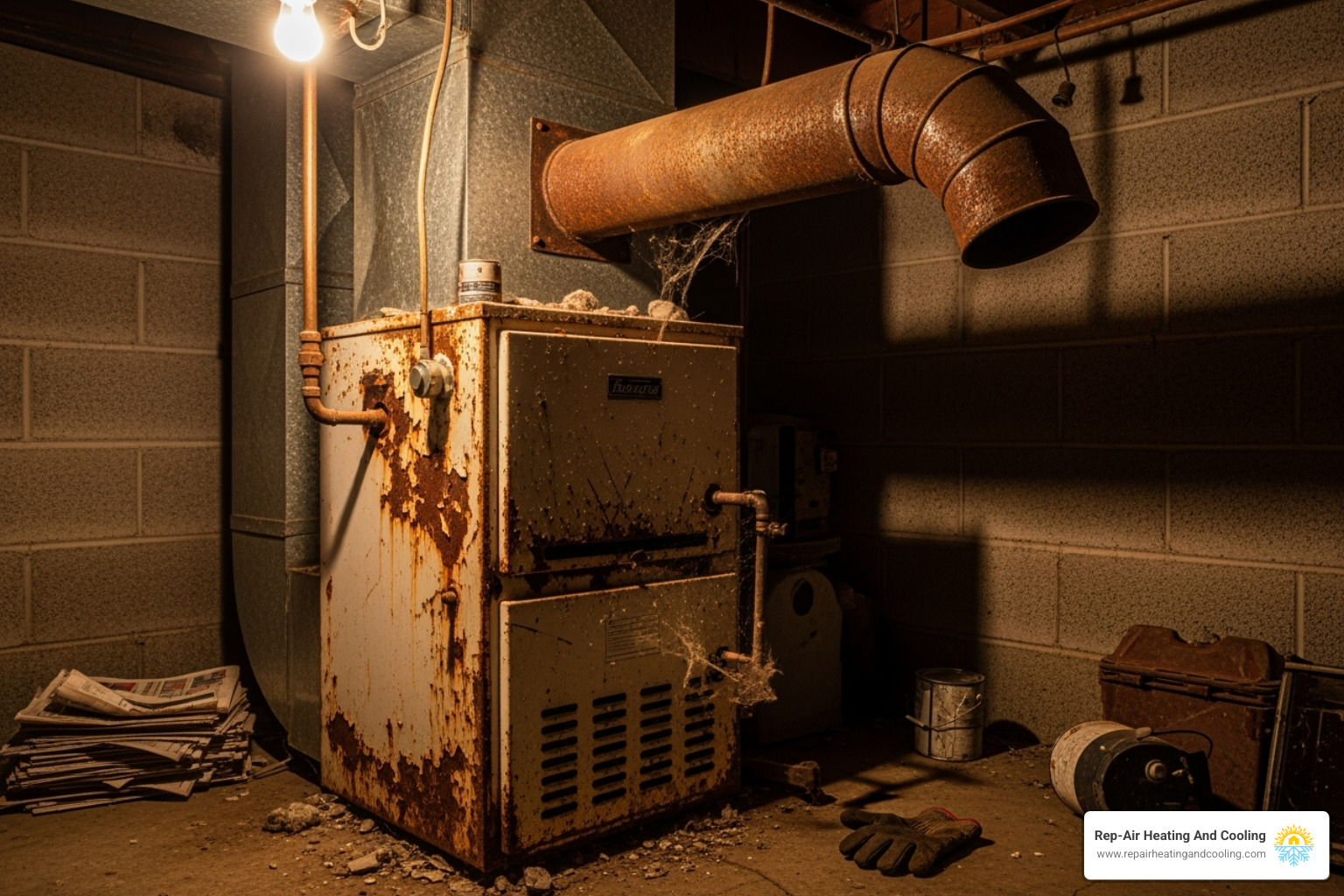 An old, visibly worn-out furnace in a dimly lit basement, showing signs of rust and age. - furnace replacement mission bc