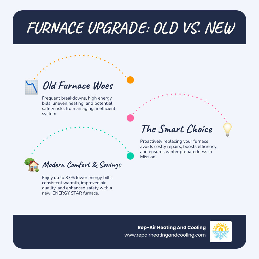 Infographic showing the progression from an old, inefficient furnace with high energy bills and frequent repairs to a new high-efficiency ENERGY STAR furnace with improved comfort, lower bills, better air quality, and improved safety features - furnace replacement mission bc infographic infographic-line-3-steps-blues-accent_colors