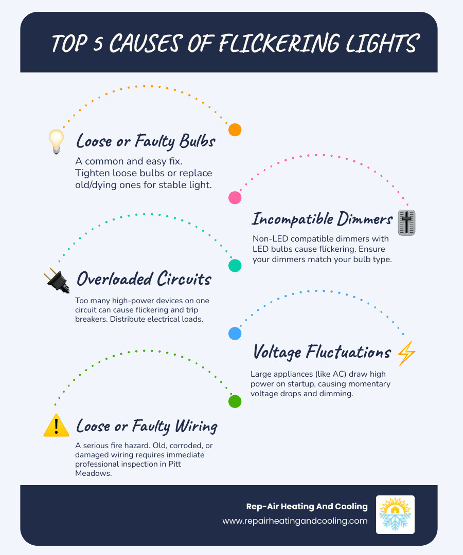 Infographic showing the top 5 causes of flickering lights in Pitt Meadows homes: loose bulbs, incompatible dimmers, overloaded circuits, voltage fluctuations from large appliances, and loose or faulty wiring with warning signs - flickering lights pitt meadows bc infographic infographic-line-5-steps-blues-accent_colors