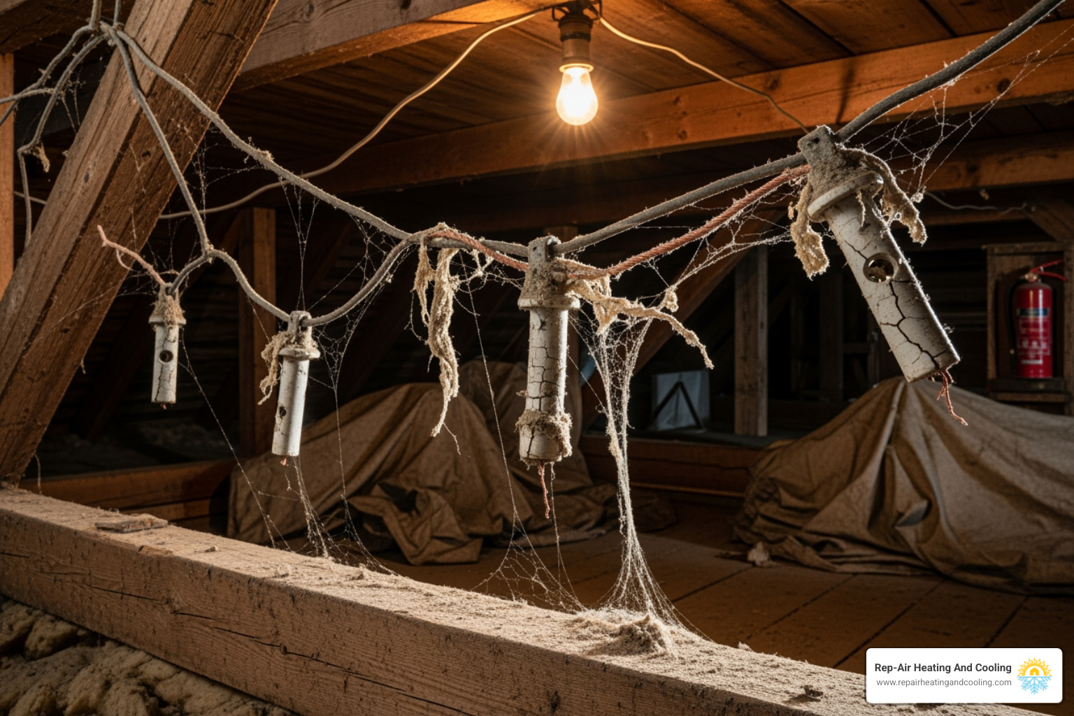 Old, frayed knob-and-tube wiring in an attic, highlighting potential fire hazards - flickering lights pitt meadows bc
