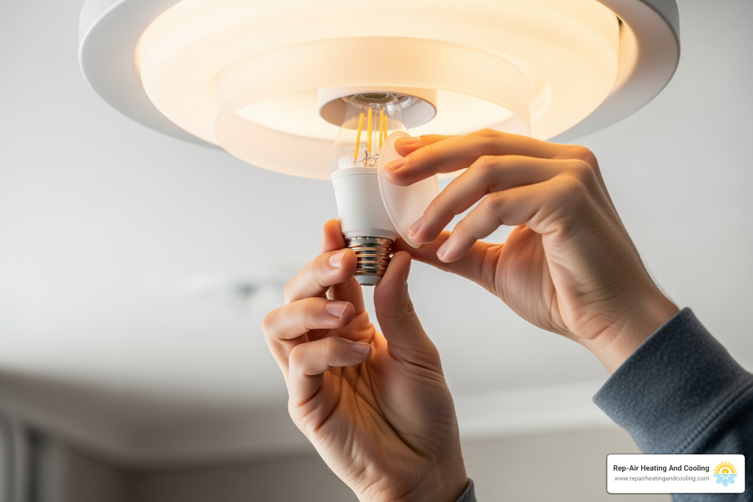 A homeowner safely tightening a light bulb in a fixture, demonstrating a simple troubleshooting step - flickering lights pitt meadows bc