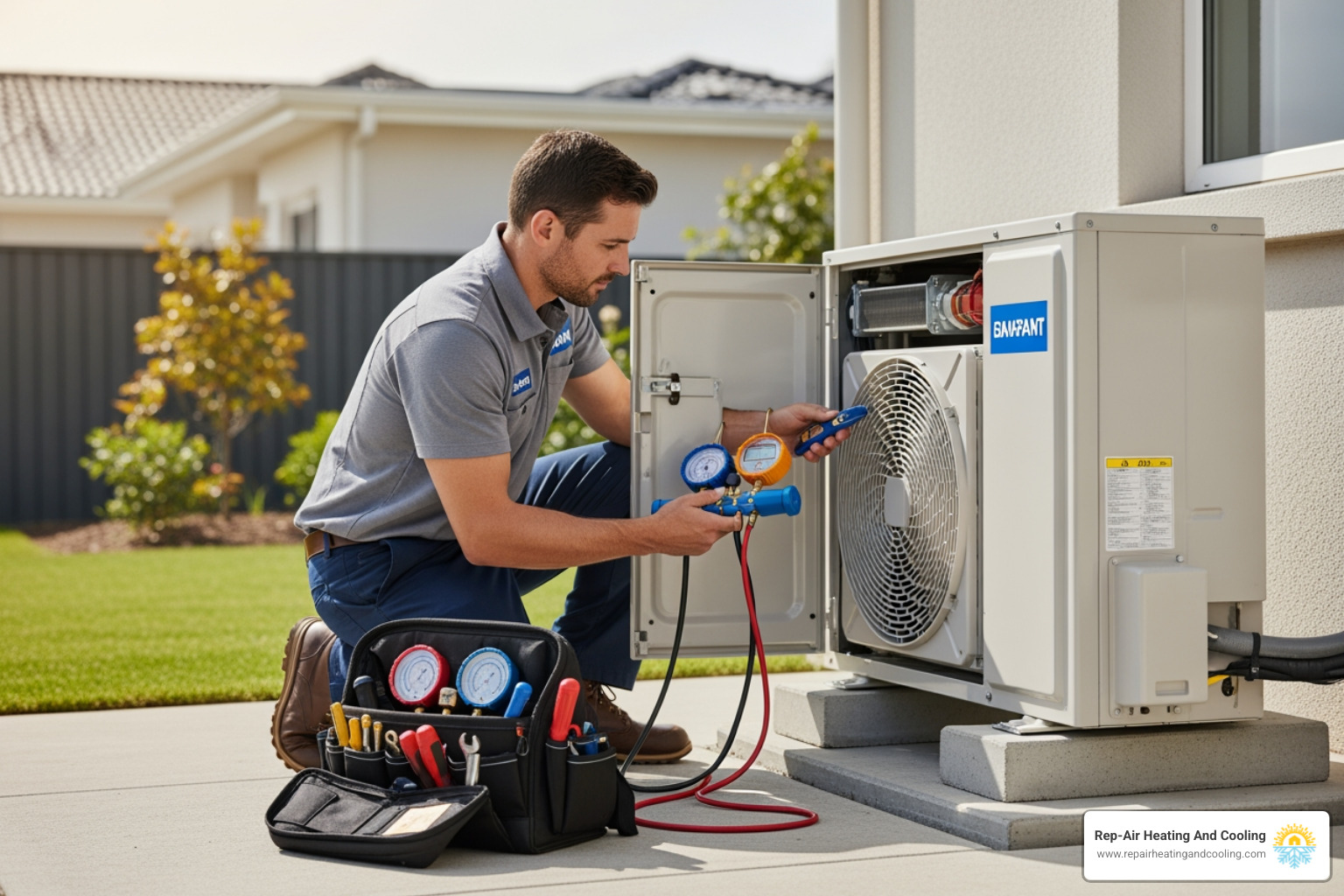 A professional HVAC technician meticulously servicing an outdoor heat pump unit, ensuring optimal performance and longevity - heat pump service maple ridge bc