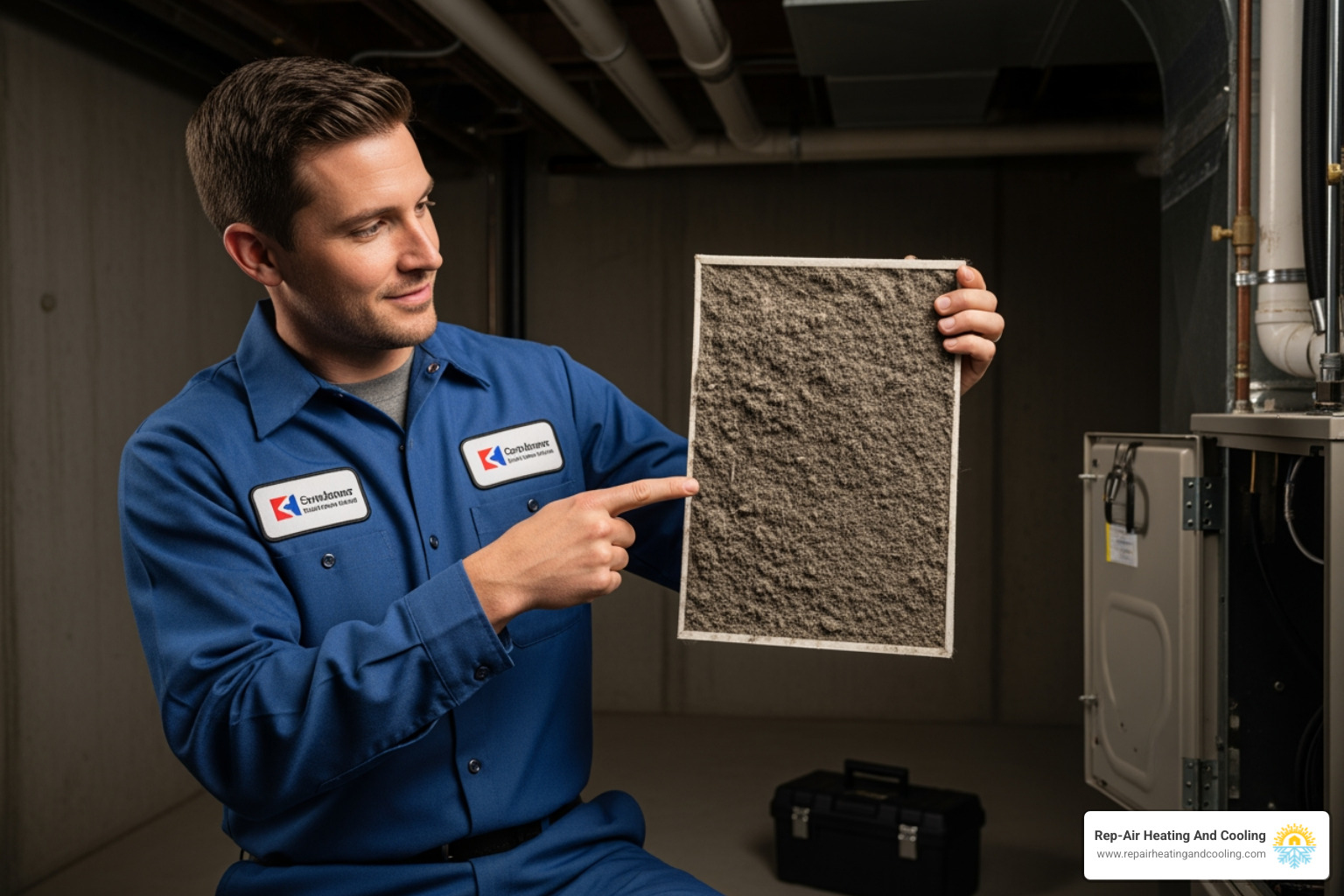 technician pointing to a clogged air filter - low airflow pitt meadows bc
