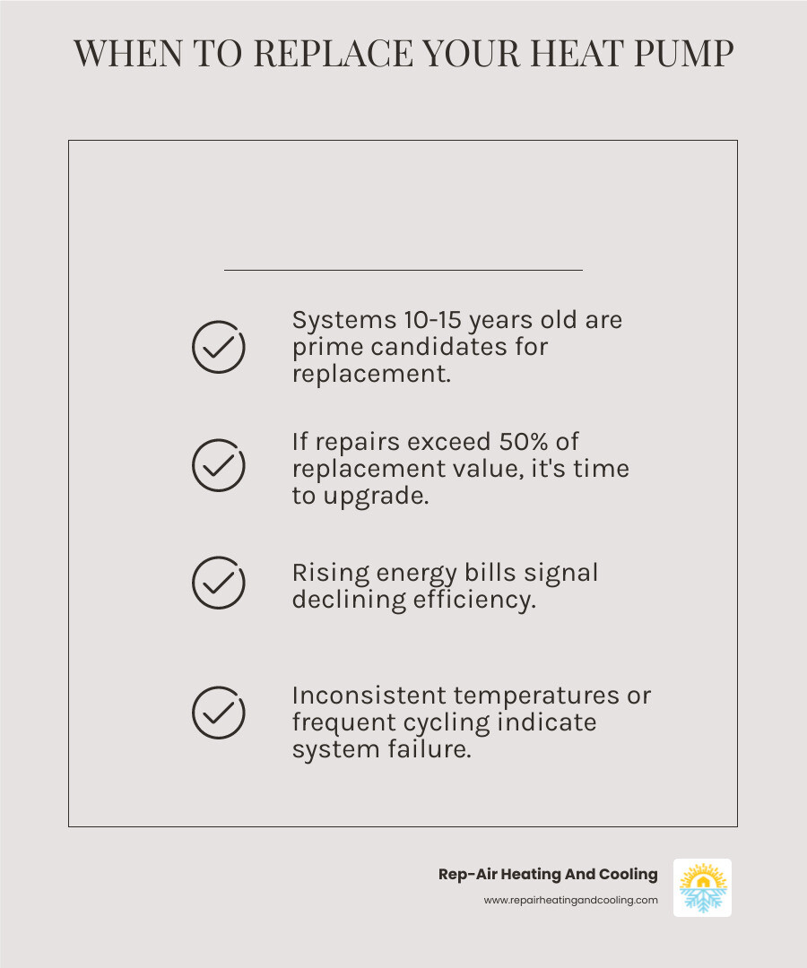 Infographic showing heat pump operation in both heating and cooling modes, with arrows indicating heat transfer from outside air into home during winter and heat removal during summer, plus energy efficiency benefits and potential cost savings of up to 50% - heat pump replacement langley bc infographic checklist-light-beige