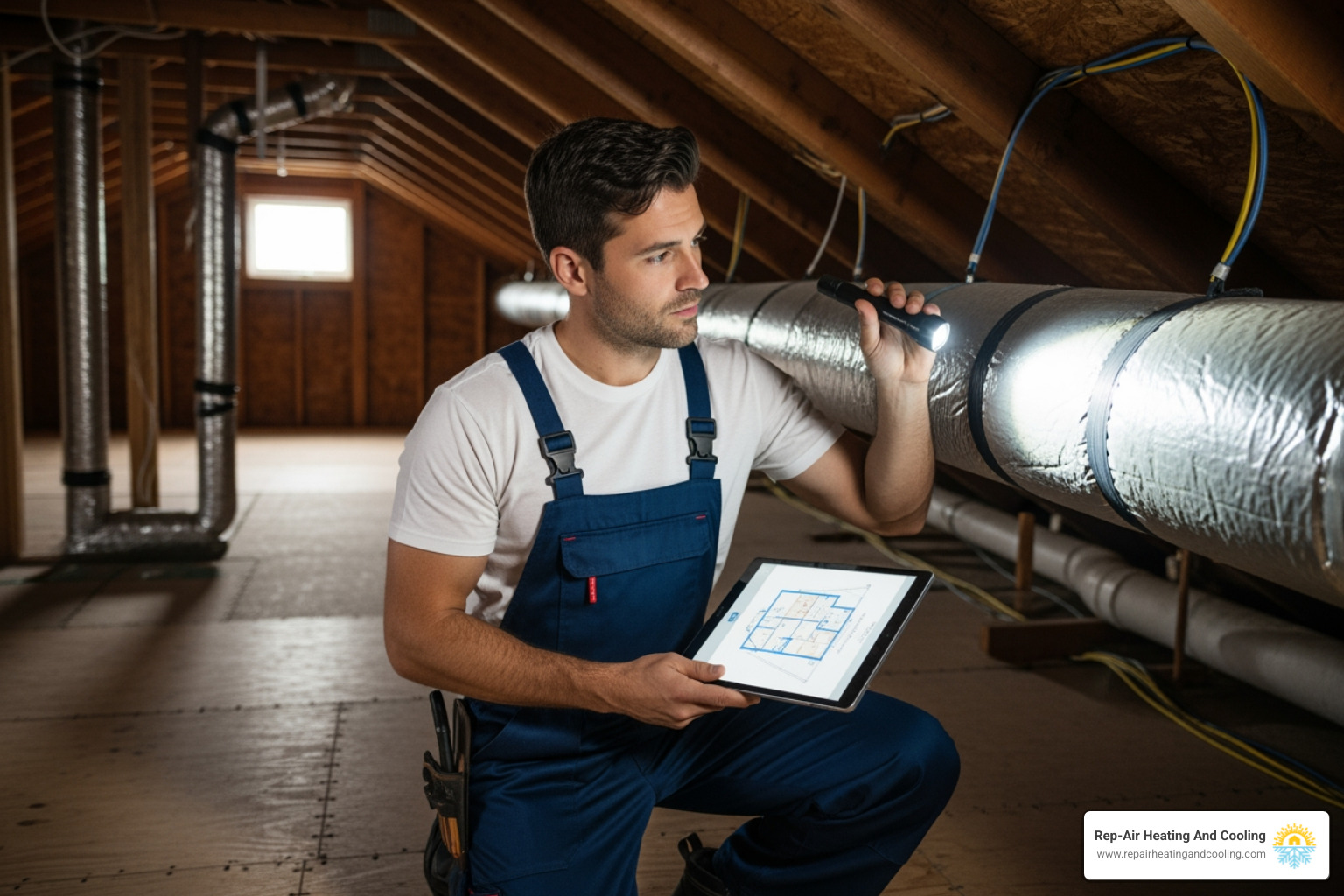 technician assessing a home's ductwork and layout - heat pump replacement langley bc