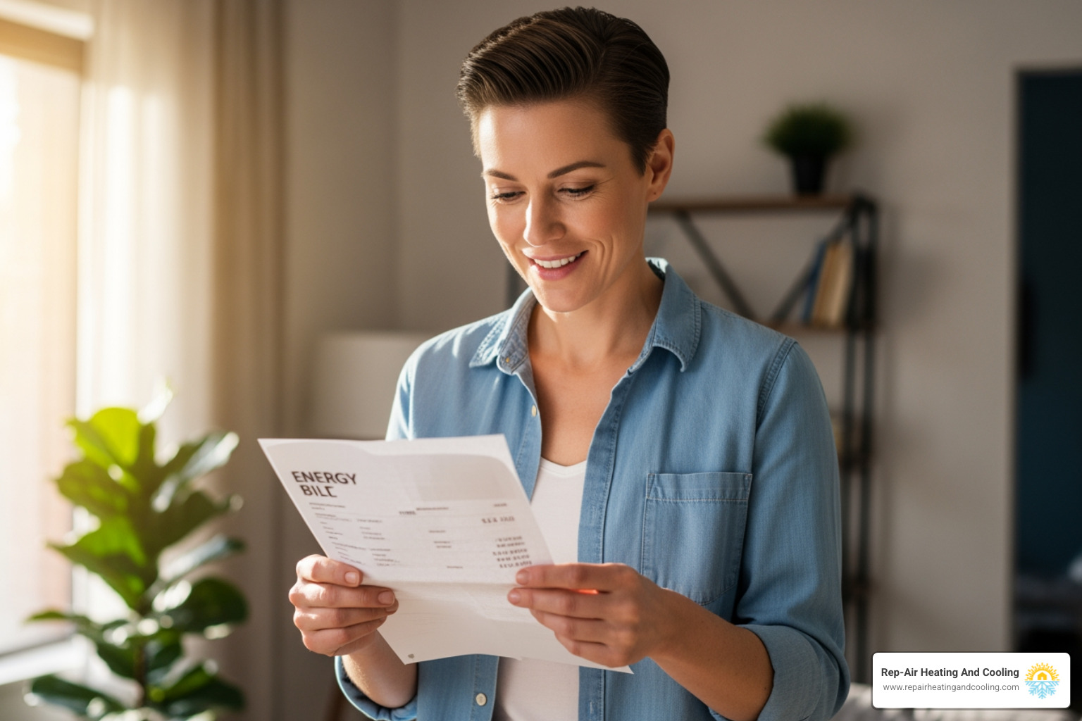 homeowner smiling while looking at an energy bill - heat pump replacement langley bc