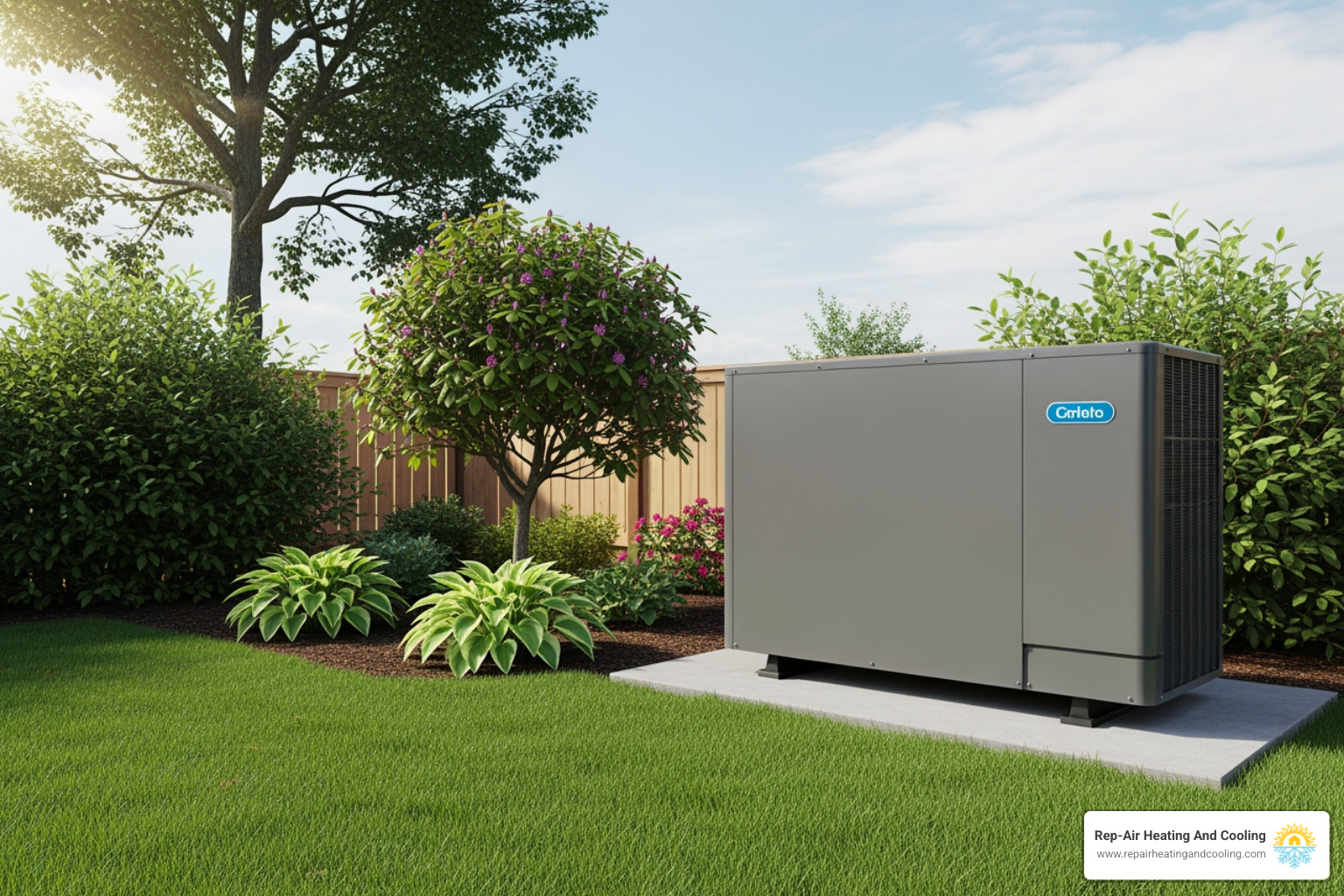 modern, quiet outdoor heat pump unit in a residential yard - heat pump repair abbotsford bc