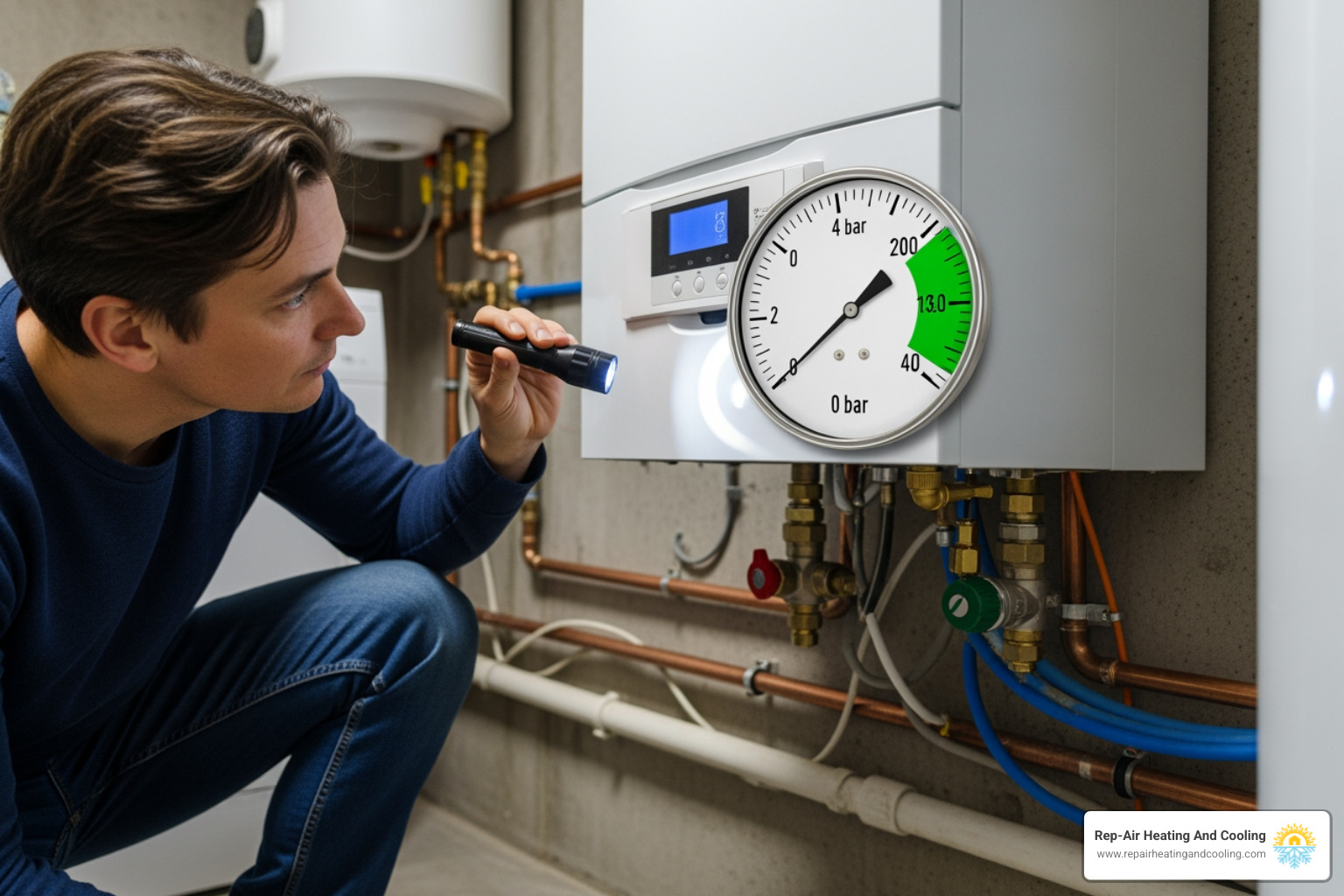 A homeowner checking the pressure gauge on their boiler - boiler making noise in Abbotsford, BC A homeowner checking the pressure gauge on their boiler - boiler making noise in Abbotsford, BC