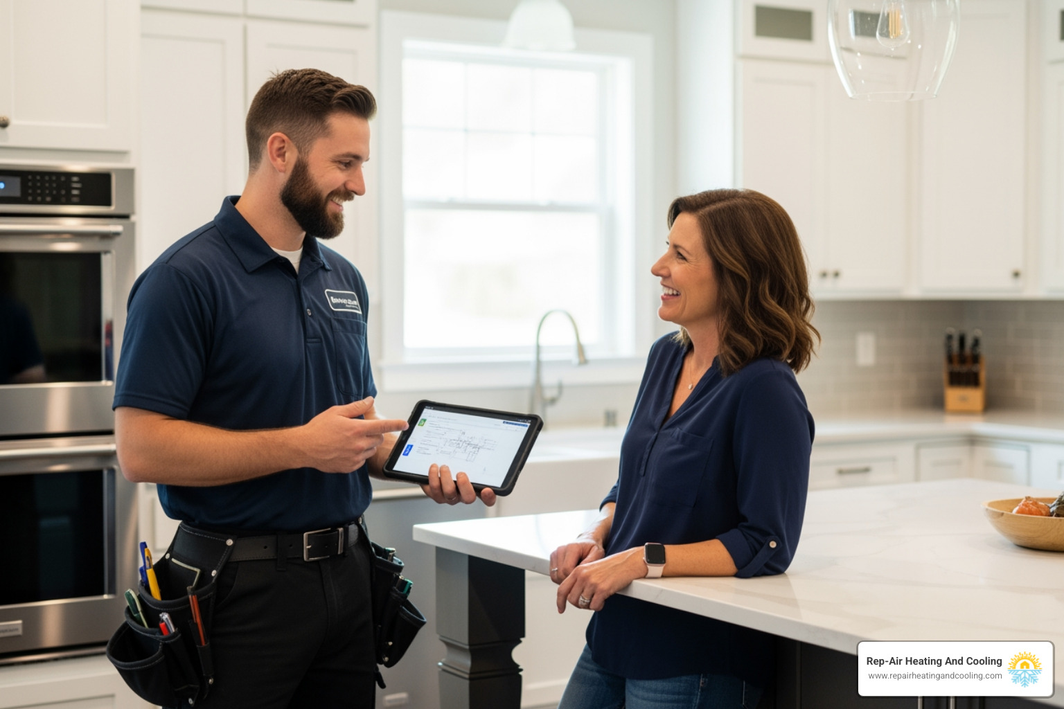 friendly electrician discussing a project with a homeowner in their kitchen - electrician mission bc friendly electrician discussing a project with a homeowner in their kitchen - electrician mission bc