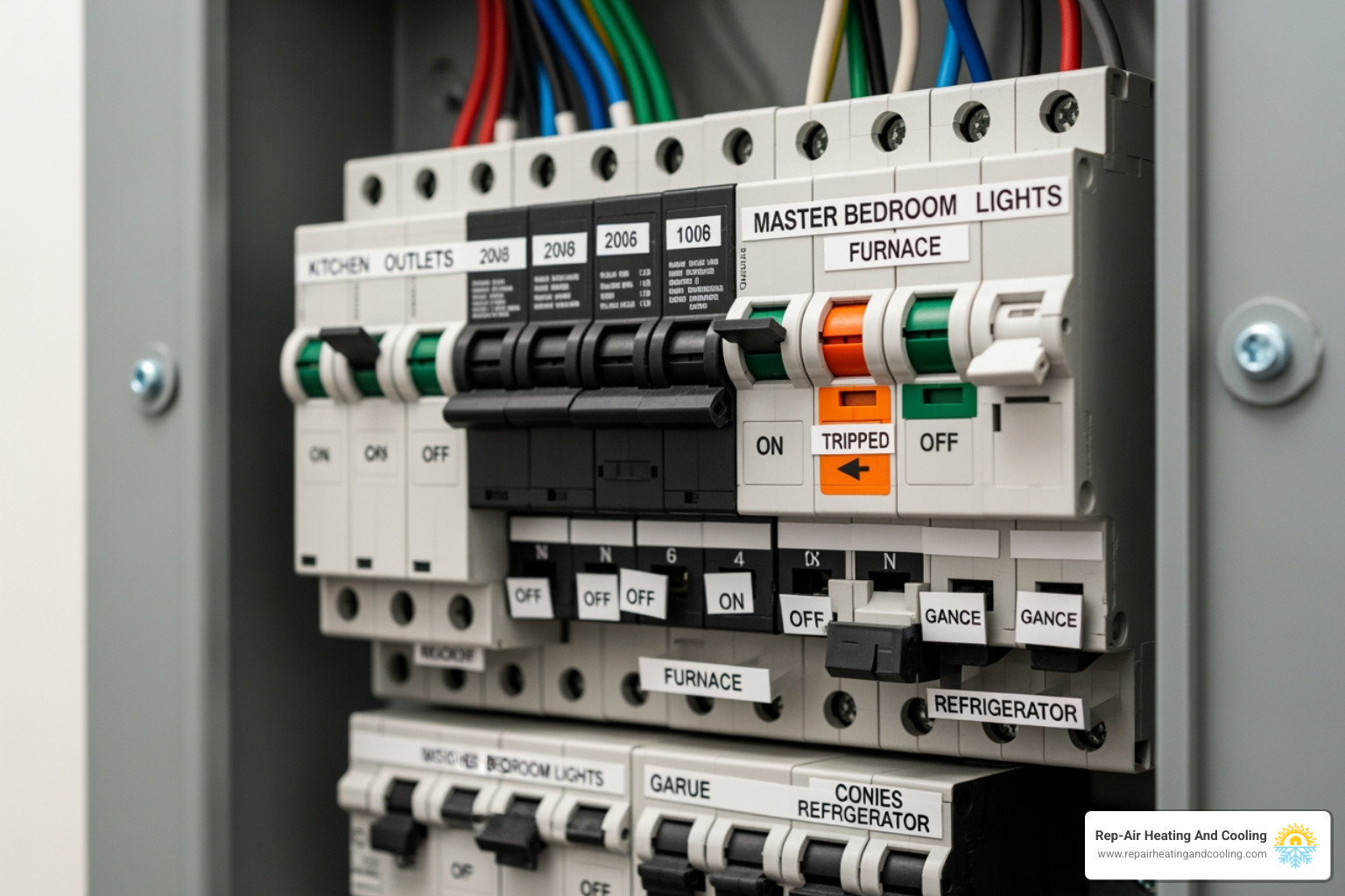 A modern, well-labeled electrical panel with circuit breakers in various positions, some on, some off, and one in the tripped position - breaker keeps tripping mission bc