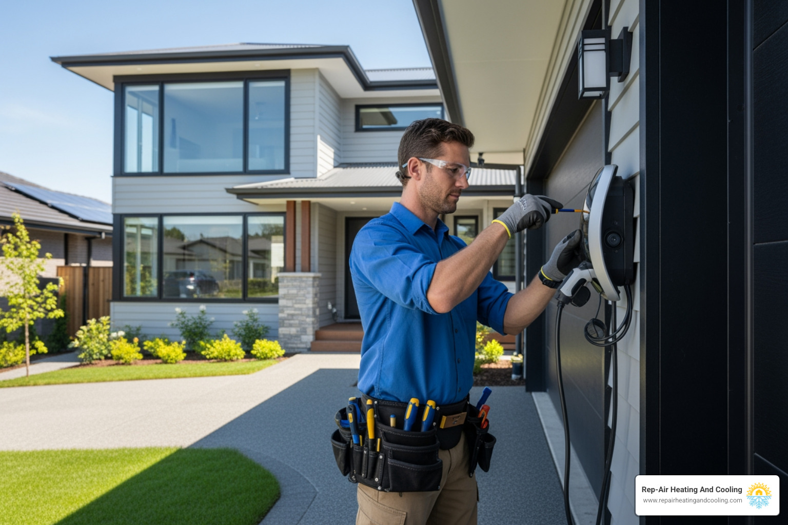 Electrician installing an EV charger on the side of a modern home - licensed electrician abbotsford bc Electrician installing an EV charger on the side of a modern home - licensed electrician abbotsford bc