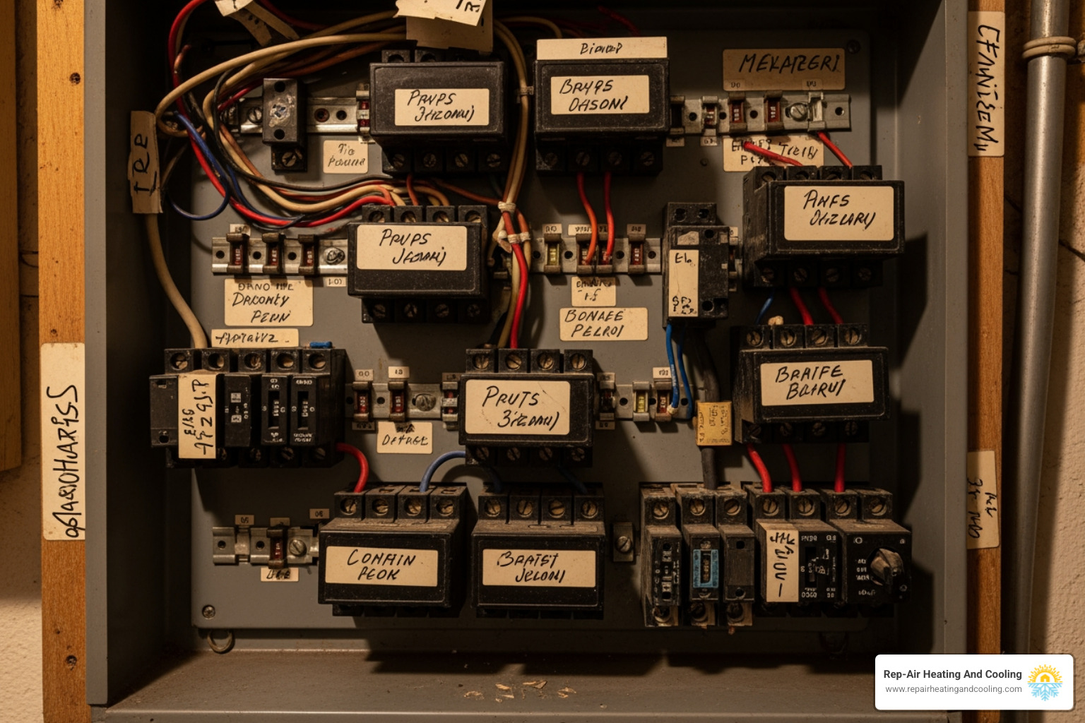 old, crowded fuse box with visible labels - panel upgrade mission bc