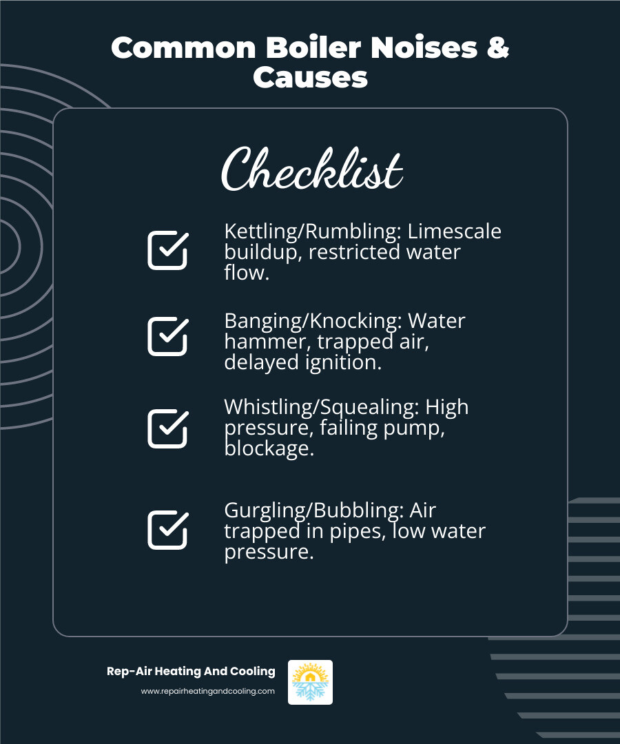Infographic showing five common boiler noises with simple icons: kettling with steam bubbles, banging with a hammer symbol, whistling with sound waves, gurgling with air bubbles in water, and buzzing with electrical sparks, each labeled with their primary cause - boiler making noise in pitt meadows, bc infographic checklist-dark-blue