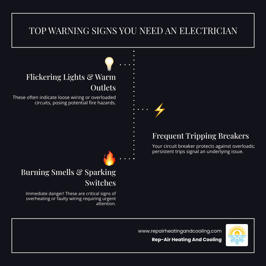 infographic showing five warning signs you need to call an electrician immediately including flickering lights, warm outlets, tripping breakers, burning smells, and sparking switches - electrician pitt meadows bc infographic infographic-line-3-steps-dark