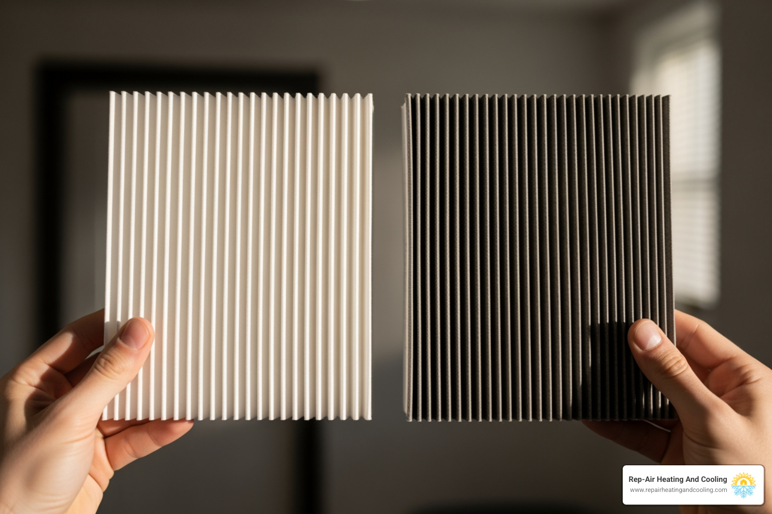 person holding clean filter next to dirty one - heating blowing cold air in abbotsford, bc