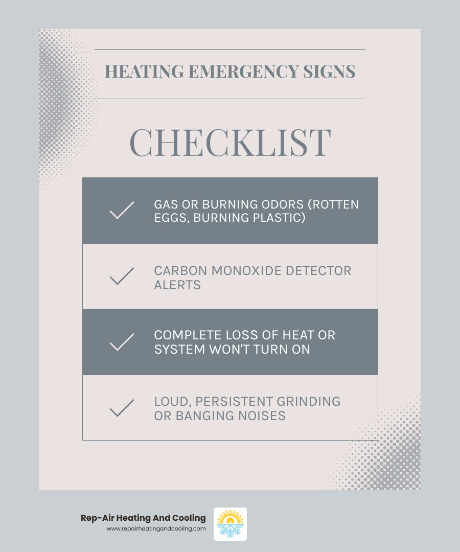 Infographic showing three warning signs requiring immediate heating attention: 1) Gas or burning smell with red warning icon, 2) Carbon monoxide detector alarm with evacuation symbol, 3) Complete loss of heat with thermometer showing cold temperature - 24 hour heating service in fort langley, bc infographic checklist-light-blue-grey Infographic showing three warning signs requiring immediate heating attention: 1) Gas or burning smell with red warning icon, 2) Carbon monoxide detector alarm with evacuation symbol, 3) Complete loss of heat with thermometer showing cold temperature - 24 hour heating service in fort langley, bc infographic checklist-light-blue-grey
