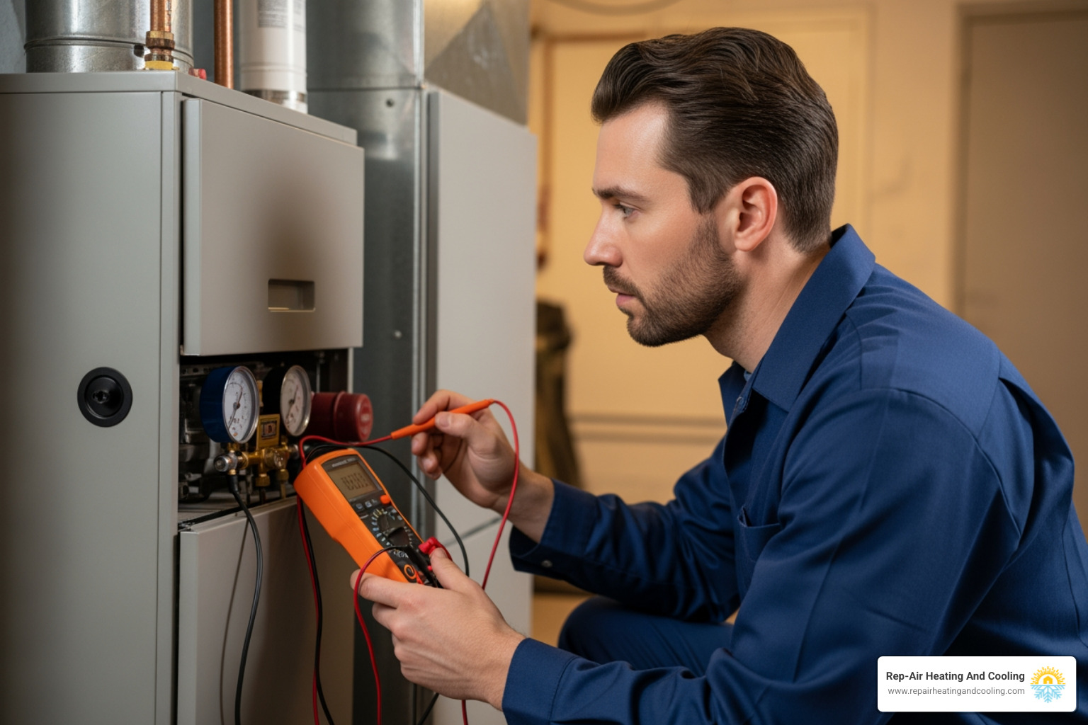 Technician professionally diagnosing a furnace - 24 hour heating service in fort langley, bc Technician professionally diagnosing a furnace - 24 hour heating service in fort langley, bc
