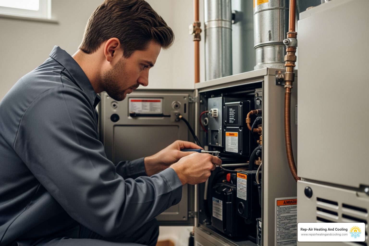 Technician performing a furnace tune-up - 24 hour heating service in fort langley, bc Technician performing a furnace tune-up - 24 hour heating service in fort langley, bc