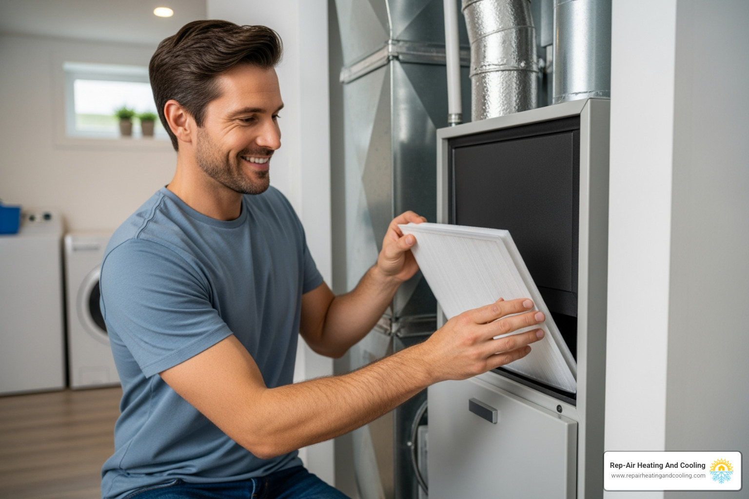 homeowner smiling as they easily replace a clean furnace air filter - emergency heating repair in mission, bc homeowner smiling as they easily replace a clean furnace air filter - emergency heating repair in mission, bc