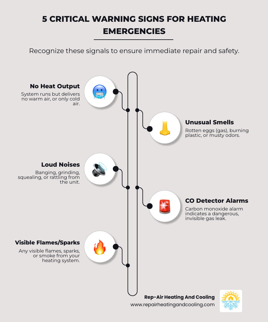 infographic showing five critical warning signs for emergency heating repair: no heat output with system running, strange smells like rotten eggs or burning, loud grinding or banging noises, carbon monoxide detector alarming, and visible flames or sparks from the unit - emergency heating repair in mission, bc infographic infographic-line-5-steps-elegant_beige infographic showing five critical warning signs for emergency heating repair: no heat output with system running, strange smells like rotten eggs or burning, loud grinding or banging noises, carbon monoxide detector alarming, and visible flames or sparks from the unit - emergency heating repair in mission, bc infographic infographic-line-5-steps-elegant_beige