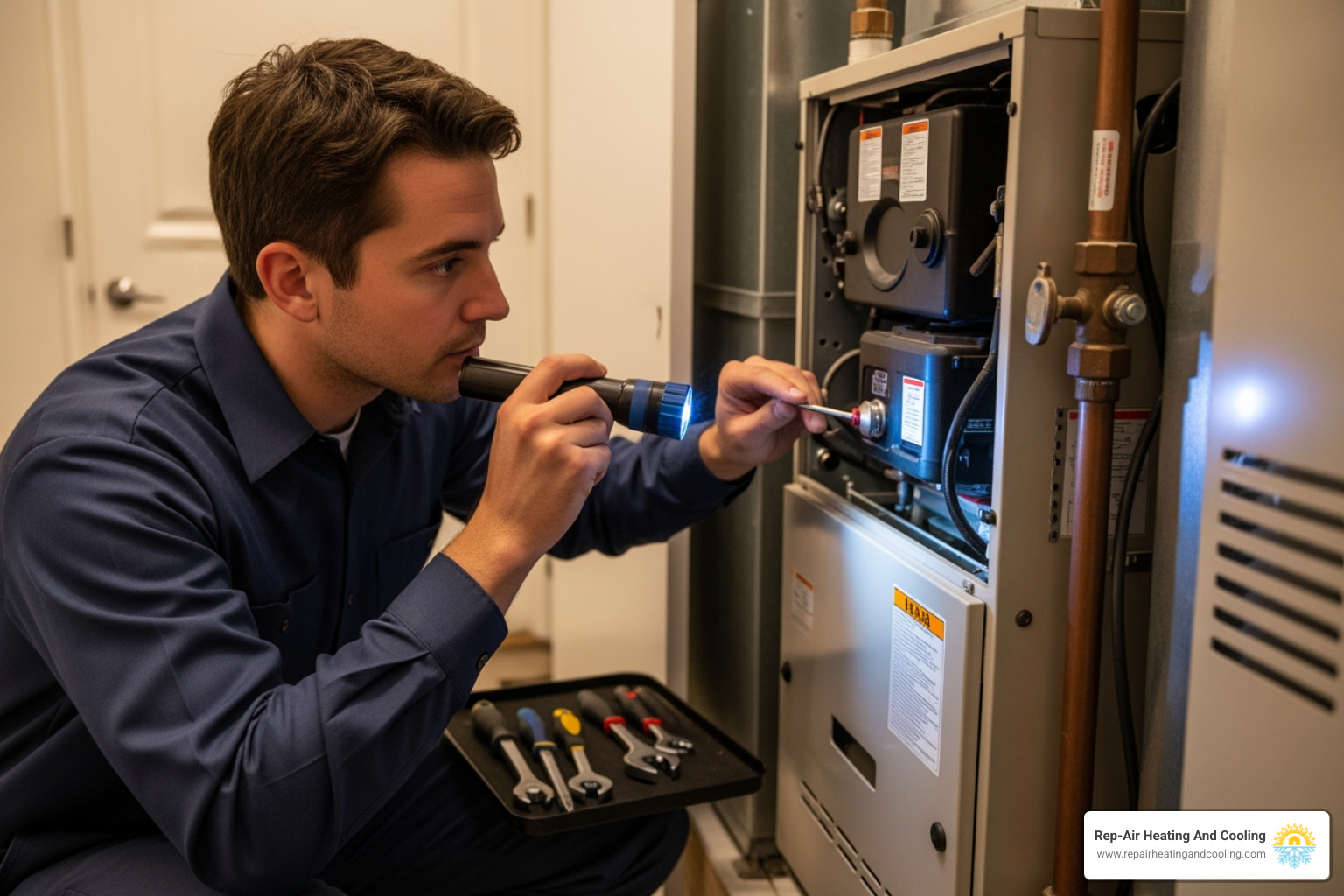 technician inspecting internal components of furnace - emergency heating repair in mission, bc technician inspecting internal components of furnace - emergency heating repair in mission, bc