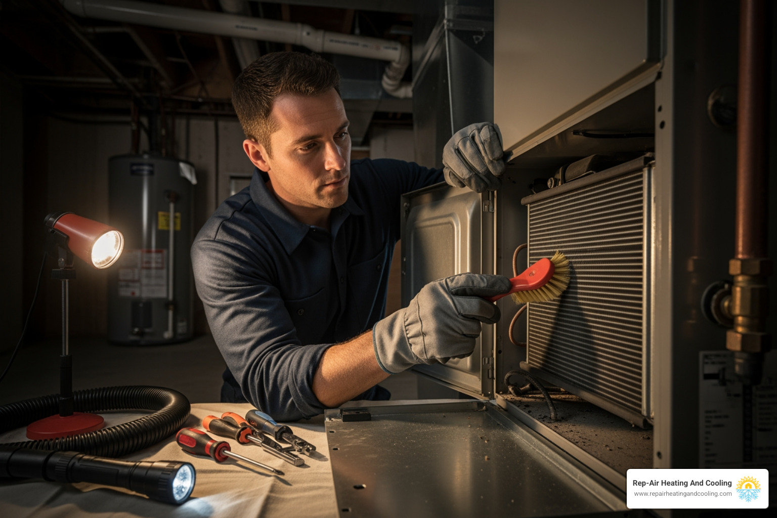A technician carefully cleaning a furnace component, highlighting the precision of maintenance - certified heating technician in pitt meadows, bc A technician carefully cleaning a furnace component, highlighting the precision of maintenance - certified heating technician in pitt meadows, bc