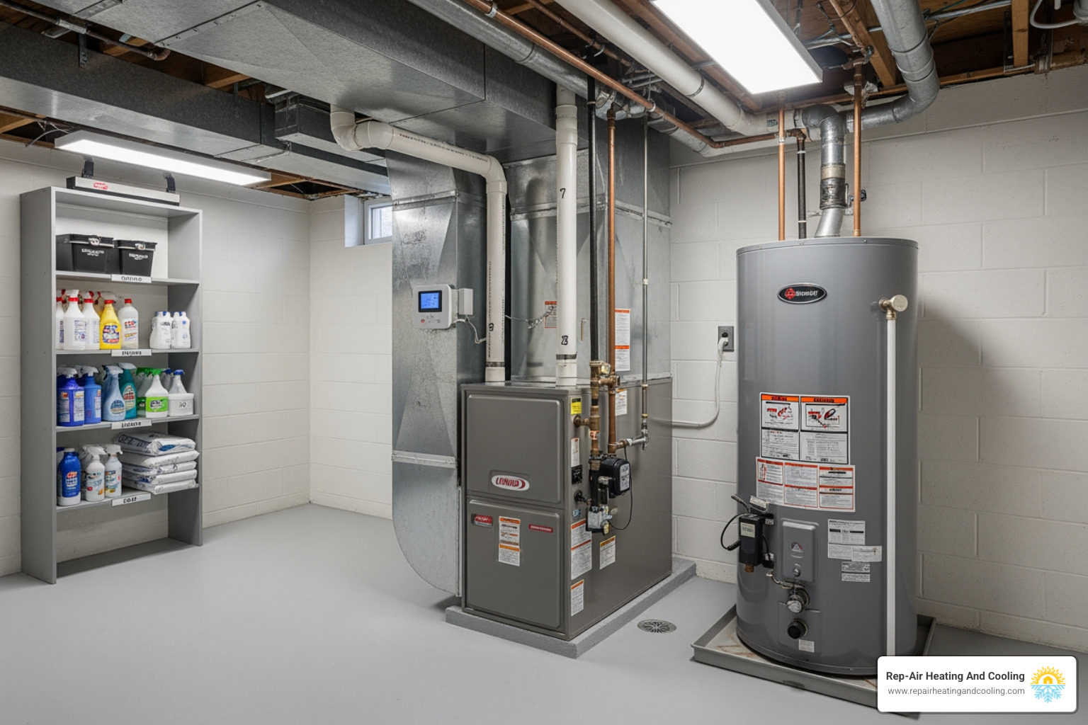 A clean, modern furnace room with a high-efficiency furnace and water heater - certified heating technician in pitt meadows, bc A clean, modern furnace room with a high-efficiency furnace and water heater - certified heating technician in pitt meadows, bc