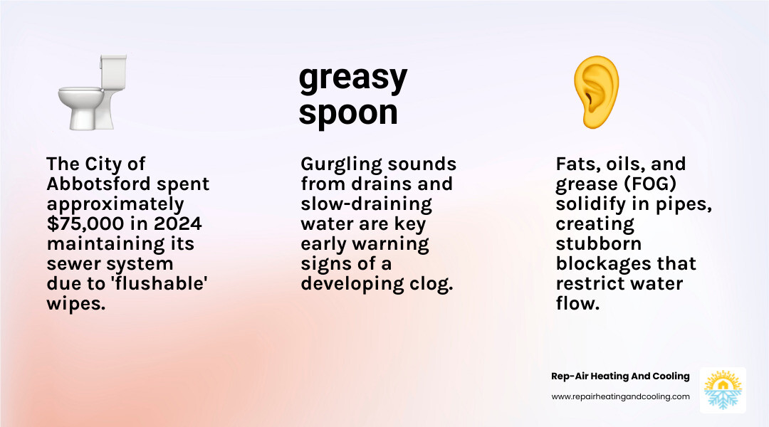 Infographic showing cross-section of drain pipes with common clog culprits: solidified grease coating pipe walls, tangled hair and soap scum buildup, tree roots penetrating from outside, and flushable wipes caught in pipe bends, with warning signs like slow drainage and gurgling sounds illustrated above - clogged drain abbotsford infographic 3_facts_emoji_light-gradient Infographic showing cross-section of drain pipes with common clog culprits: solidified grease coating pipe walls, tangled hair and soap scum buildup, tree roots penetrating from outside, and flushable wipes caught in pipe bends, with warning signs like slow drainage and gurgling sounds illustrated above - clogged drain abbotsford infographic 3_facts_emoji_light-gradient