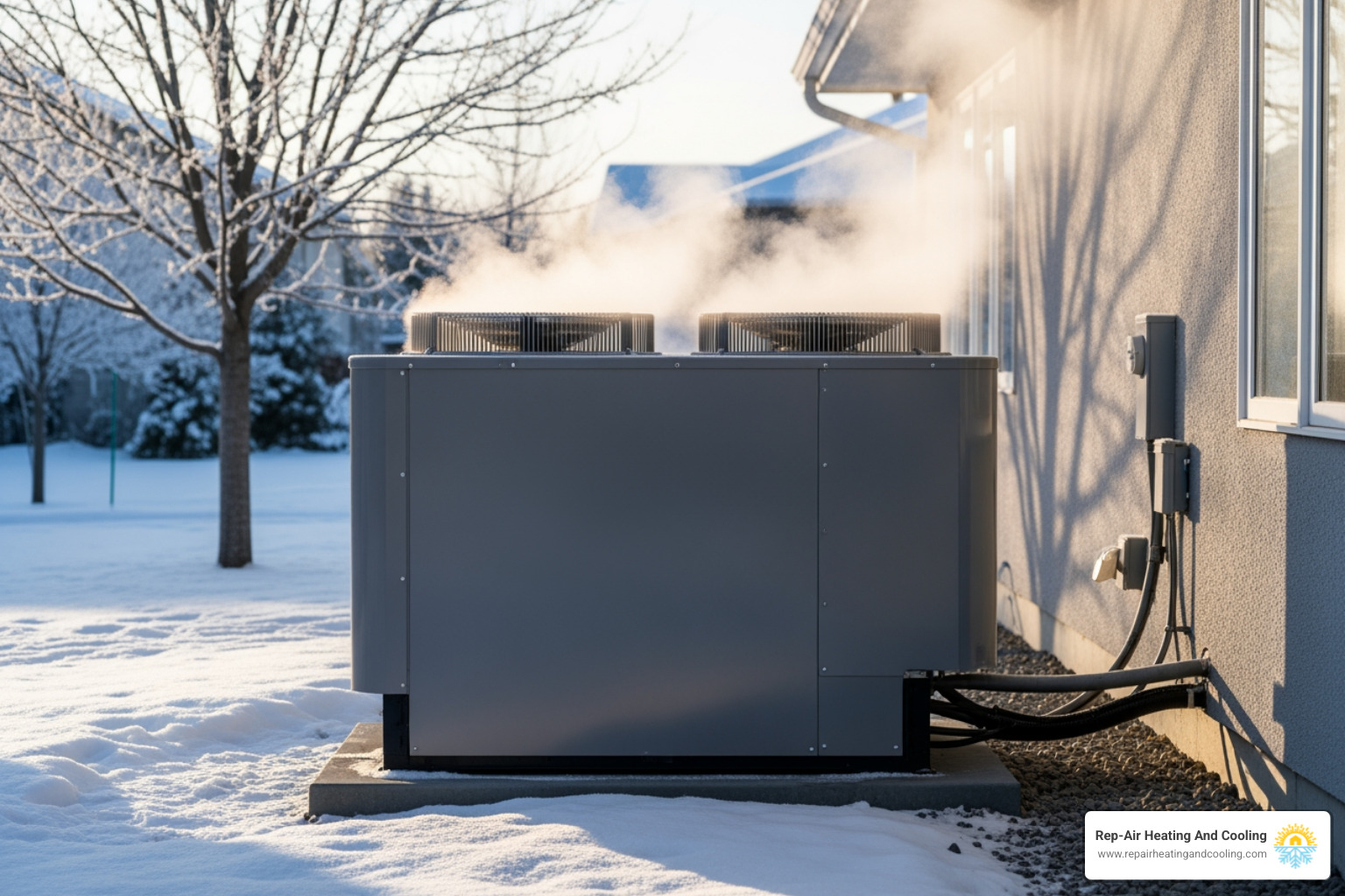 Infographic showing three common causes of heat pump cold air: a defrost cycle with steam from outdoor unit labeled "Normal 10-15 min", a thermostat set incorrectly showing "Check Mode & Fan", and a clogged filter with reduced airflow arrows labeled "Replace Monthly" - heat pump blowing cold air in fort langley, bc